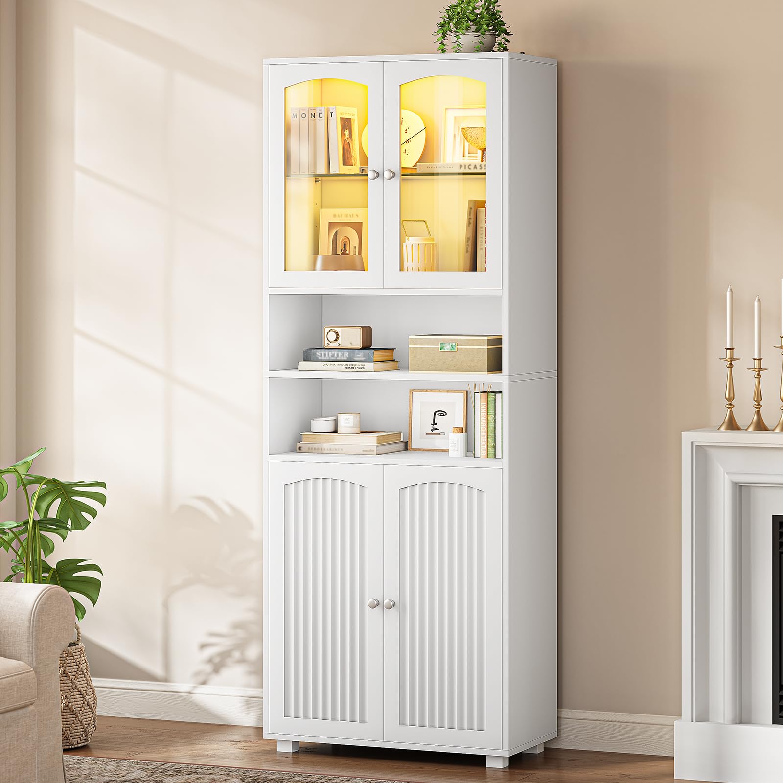 Meuble Colonne Salle de Bain avec Éclairage LED, Armoire de Rangement avec 2 Étagères Réglables, 2 Porte en Verre, Gain de Place, Armoire Haute pour Salon Cuisine, 60 x 29.5 x 179 cm, Blanc