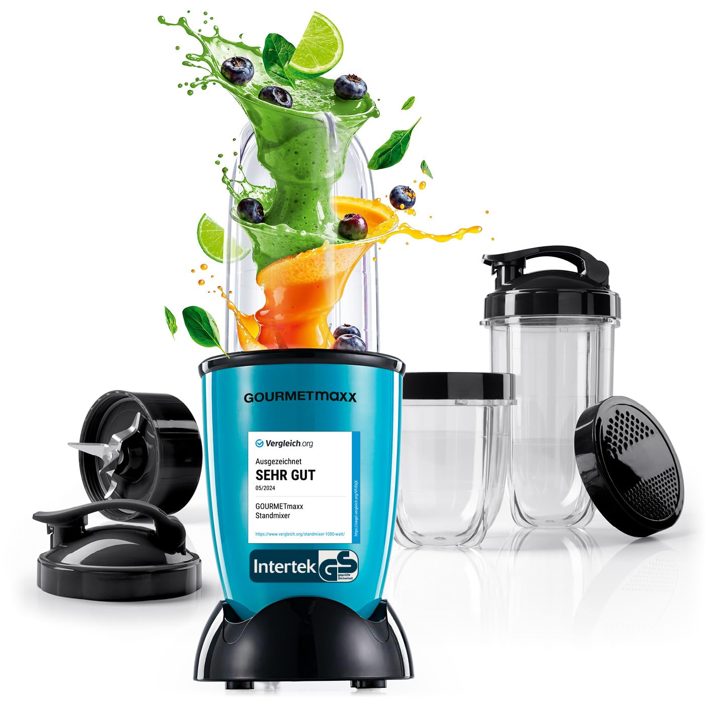 GOURMETmaxx Mr. Magic Power Pro Mixer 400 Watt | Smoothie Maker mit to go Deckel | Standmixer mit Mixbecher & Frischhaltedeckel zum Aufbewahren | Blender mit Zubehörset L für Shakes, Smoothies etc.