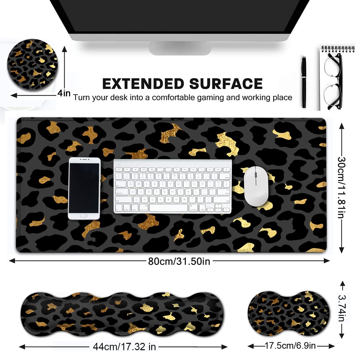 Desk Pad, Keyboard Mouse Pad Set, Extended Gaming Mouse Pad+ Ergonomics Memory Foam Wrist Rest Support, 31.5x11.8in Waterproof Large Mouse Pad for Home Office, Gold & Black Leopard XXL Mouse Mat