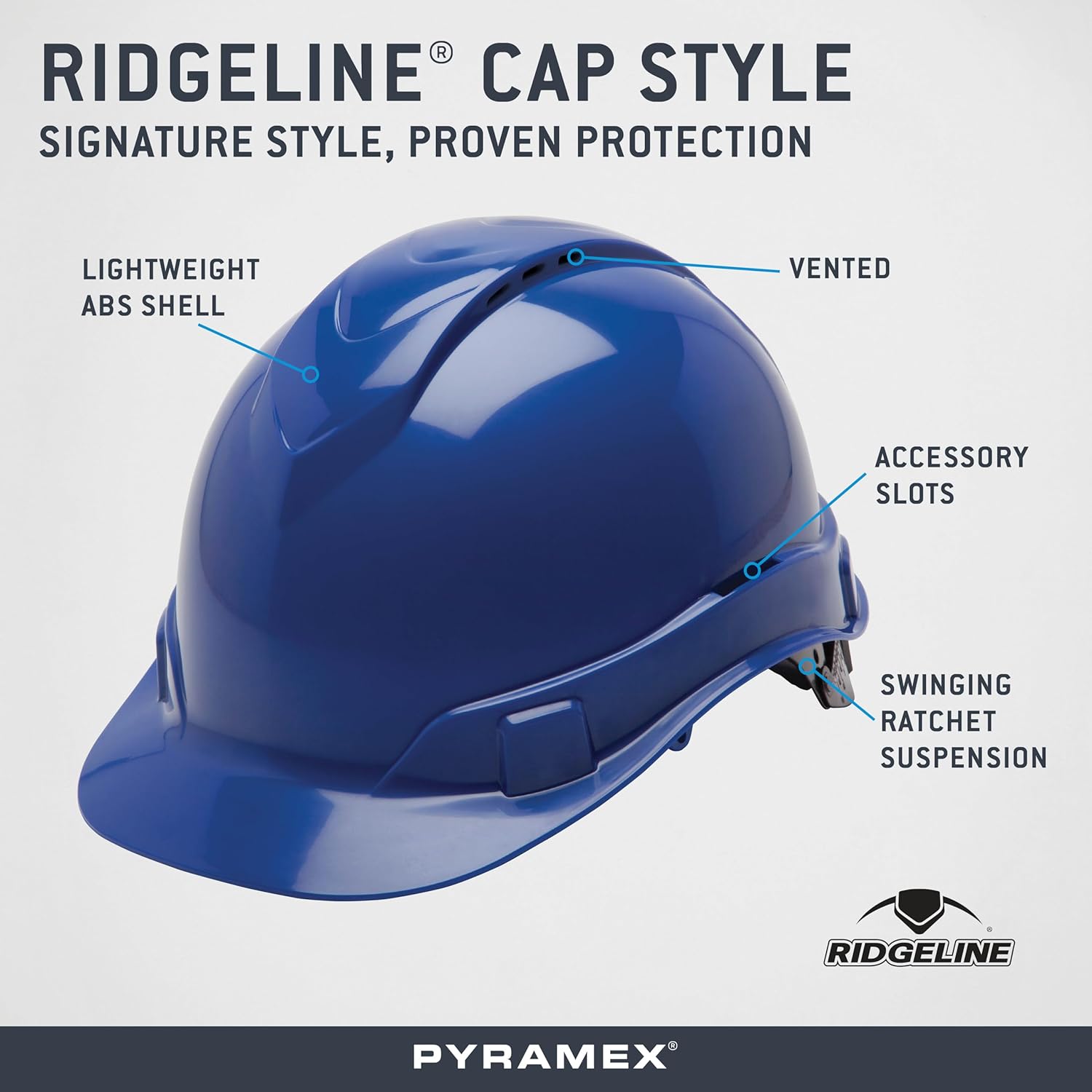 Pyramex Ridgeline Cap Style Hard Hat 4 Point Ratchet Vented Blue
