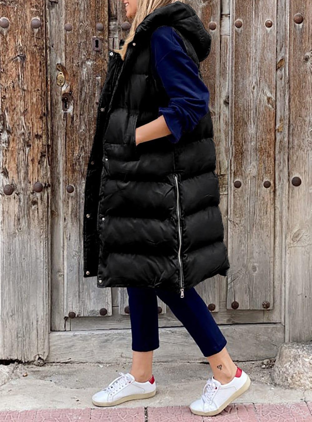 Chalecos Largos Con Capucha Para Mujer Chaleco Acolchado Cálido Acolchado De Invierno Chaqueta Sin Mangas Con Cremallera Chaleco Parka Informal Al Aire Libre Ropa De Abrigo,Negro,M