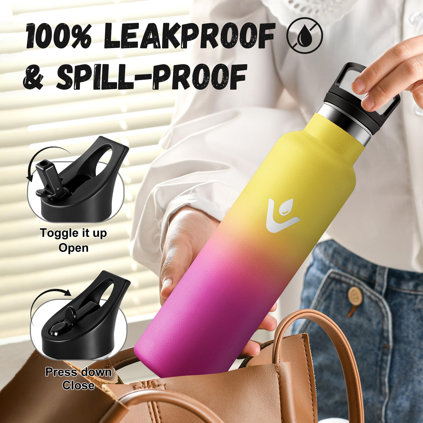 JAPORIA Borraccia Acciaio Inox 750ml, Termos con Cannuccia, a prova di perdite, Riutilizzabile, senza BPA, per Viaggio, Campeggio, Gimnasio