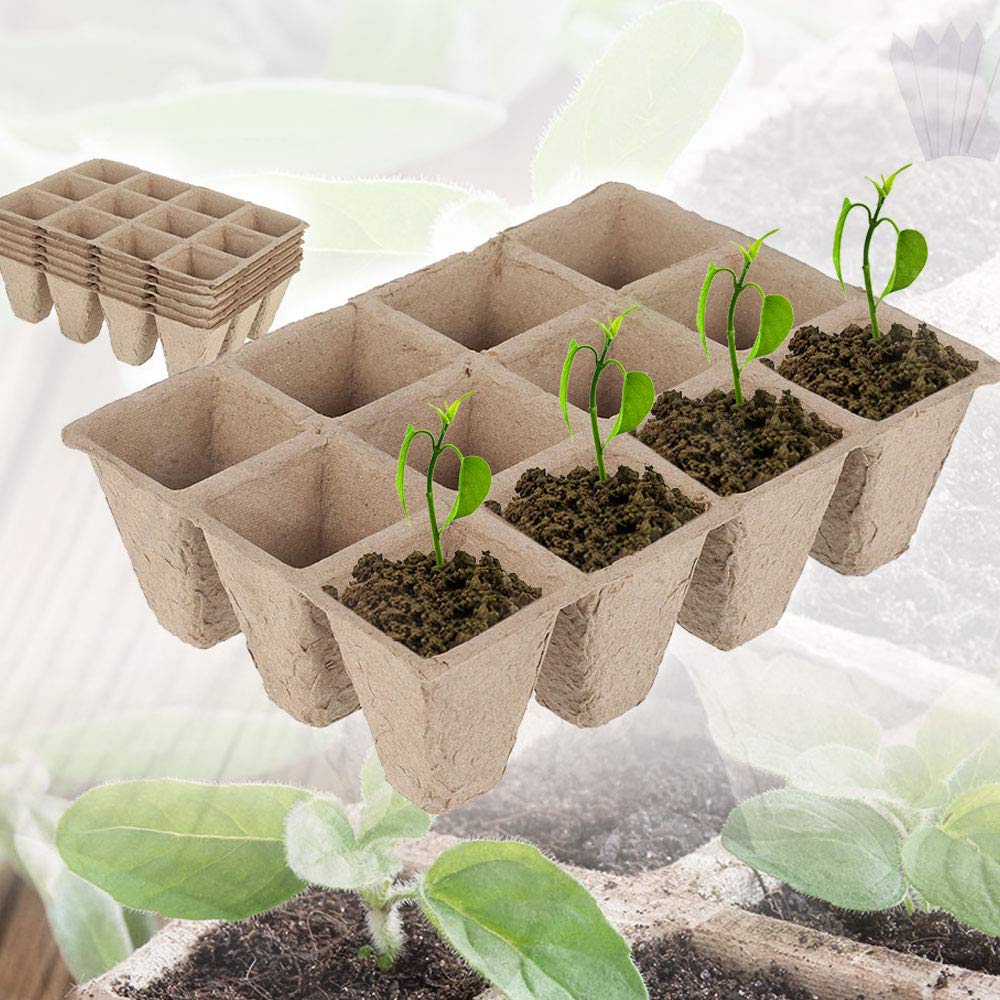 Seed Trays 12 Seed Starter Tray Kit Plant Pots Grids Square Peat Pots Organic Garden Biodegradable Germination Seedling Trays Nursery Pots Biodegradable Paper Pulp Cup