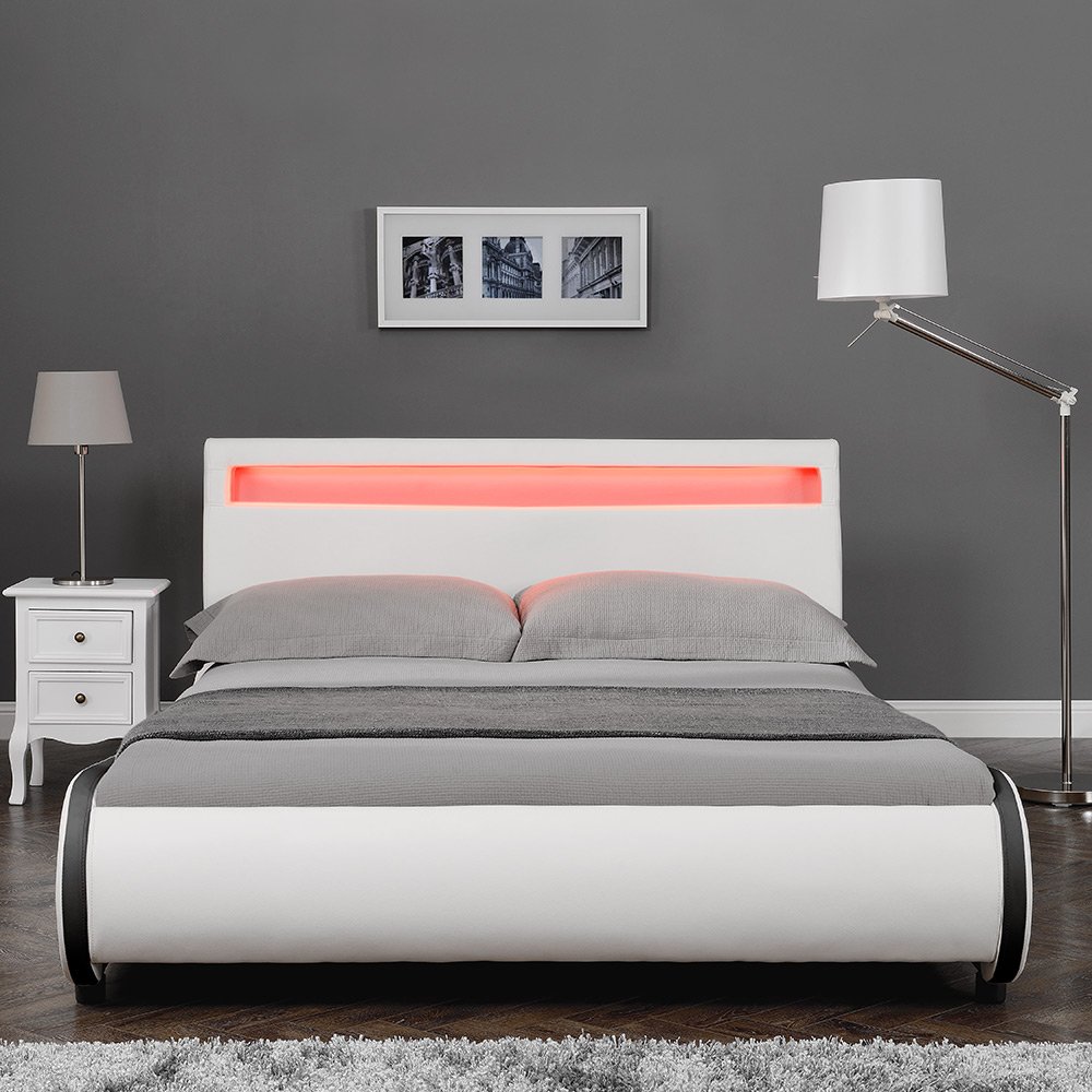 Corium Struttura Letto Imbottito a Testiera Alta con Illuminazione a LED e Telecomando Letto Francese 140x200 cm Bordi Curvi Rivestimento in Similpelle - Bianco