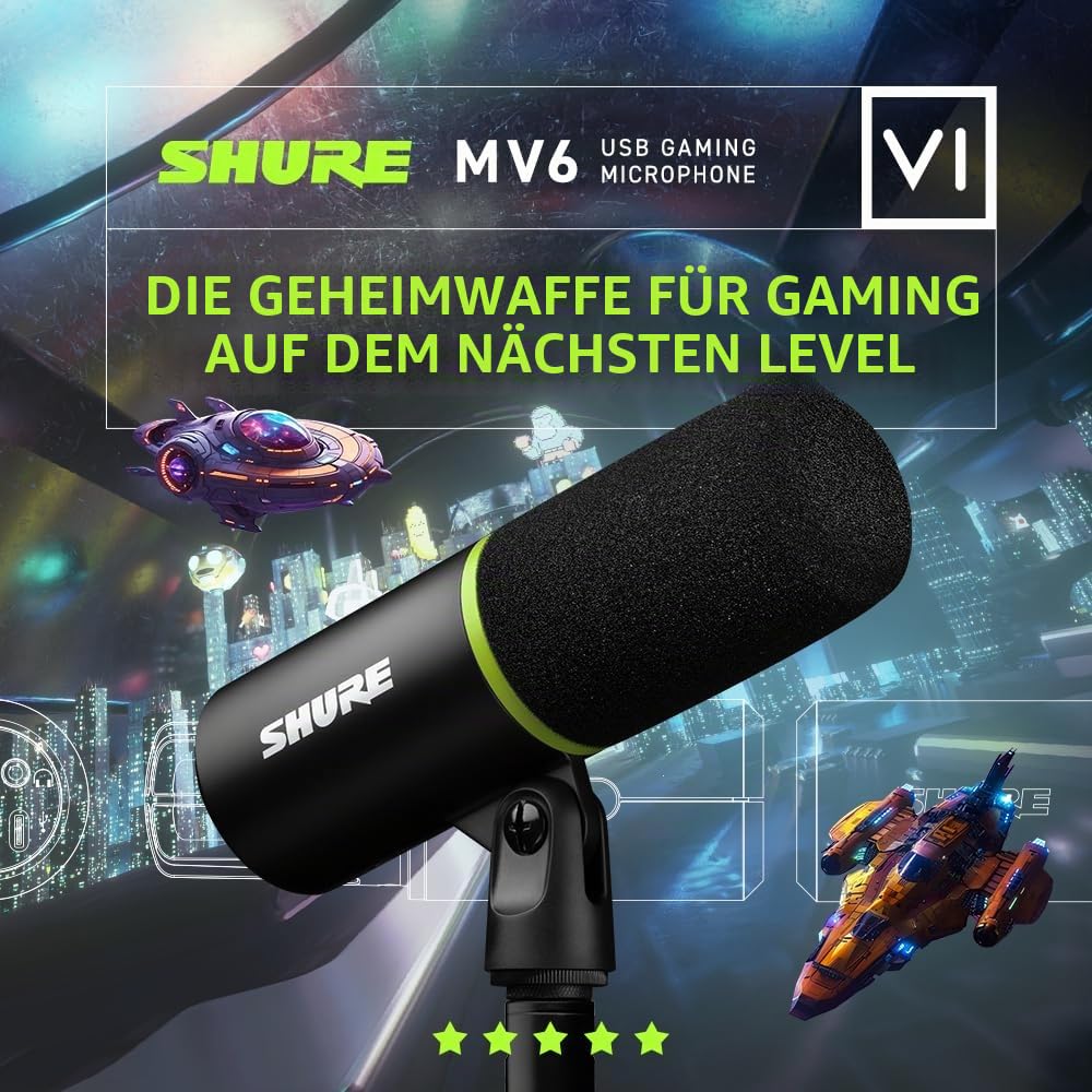 Shure MV6 USB Gaming Mikrofon, USB-C, Dynamisches Mikrofon, Streaming, Digital, für PC Gamer & Streamer
