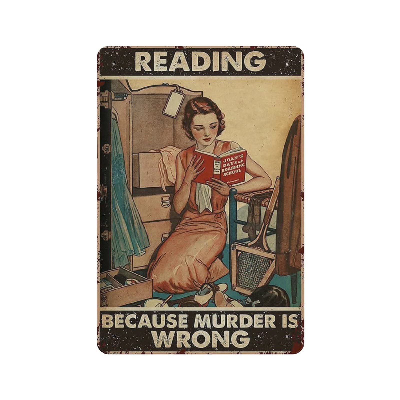 WEIMEILD Targa In Metallo 20x30 Cm Con Gatto E Scritta 'Reading Because Murder Is Wrong' - Decorazione Parete Vintage - 3