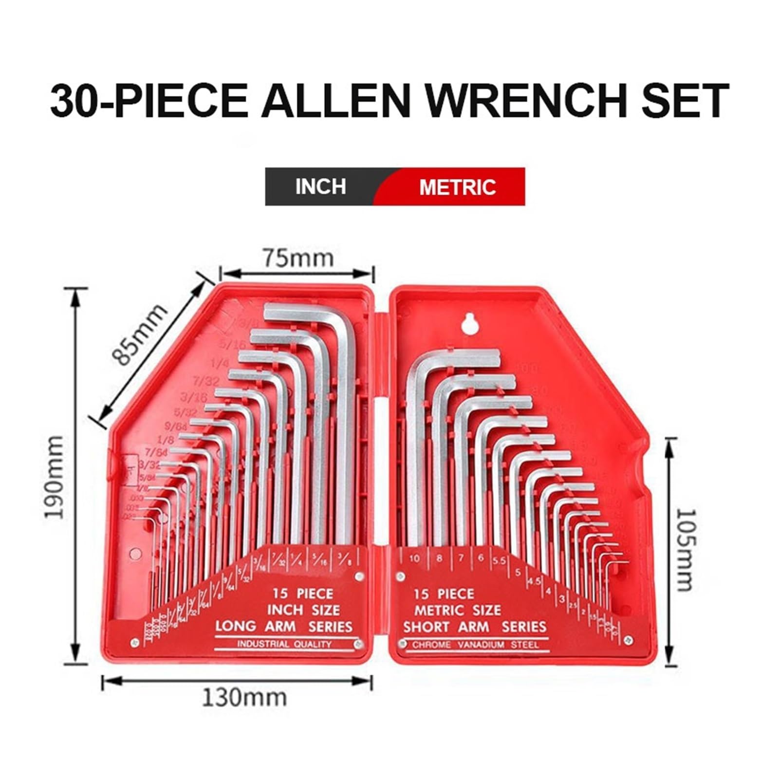 Zestaw Kluczy Imbusowych 30 Szt. 0,028"- 3/8" Cala,7 Mm-10 Mm Metryczny Rozmiar Klucz Ze Stali Chromowo-wanadowej Długie Ramię Narzędzia Precyzja W Ciasnych Przestrzeniach(Red)