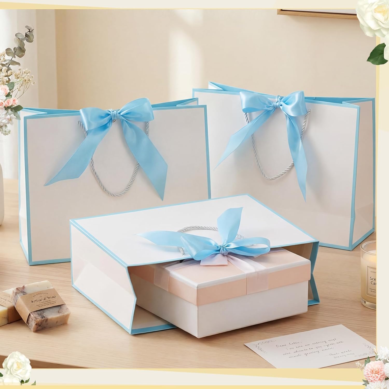 Tosstuki 36 Pack Thank You Gift Bags with Handle 3 Sizes Welcome Bags Thank You Return Gifts with Bow Ribbon for Birthday Party Wedding Bridesmaid(Blue)