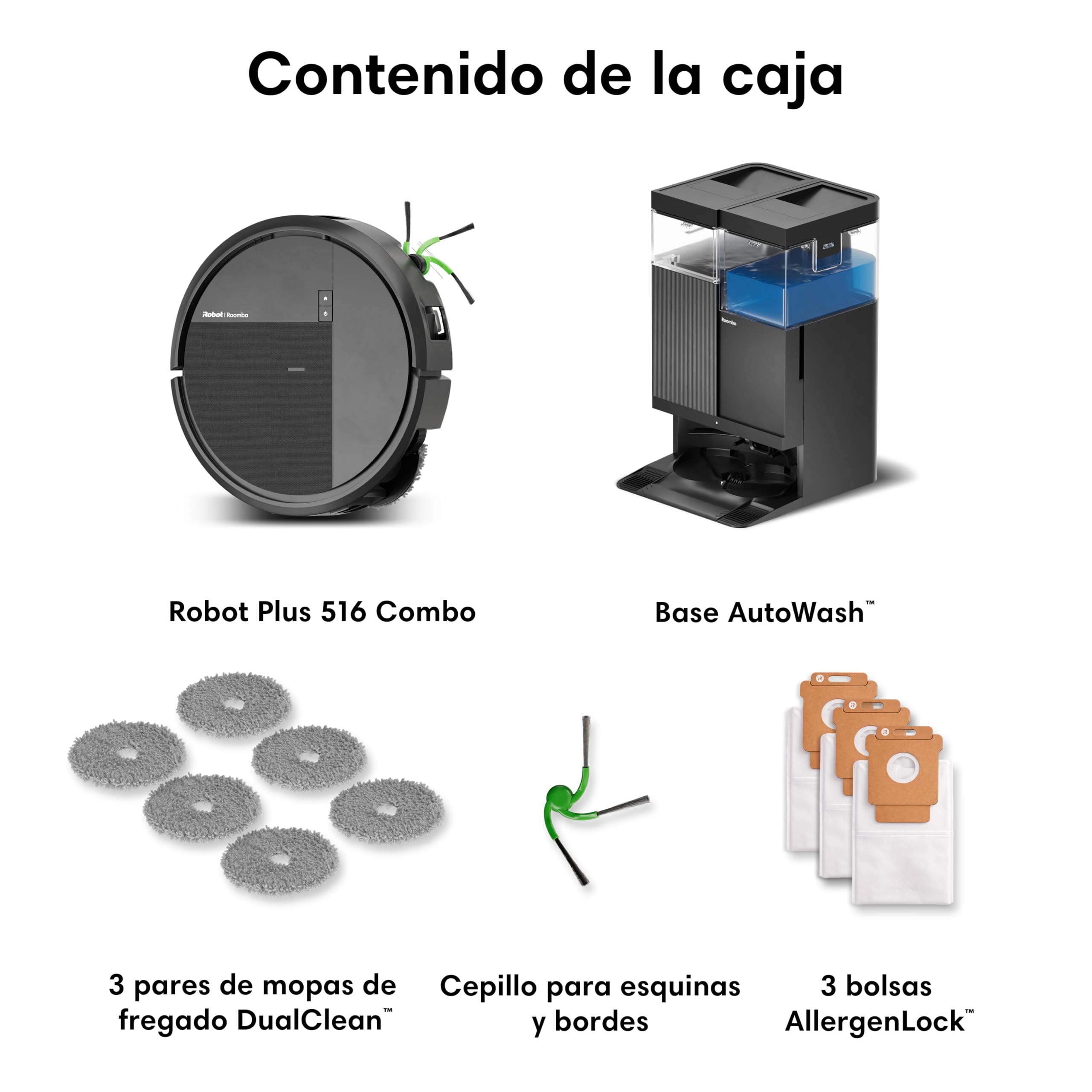 iRobot Roomba Plus 516 Combo Base AutoWash multifunción autolimpiable, 22KPa, Mopas DualClean Elevables y Extensible, Lava 75º, Seca 45º, Clearview LiDAR, Autonomía 90 Días, Accesorios Extra, Negro