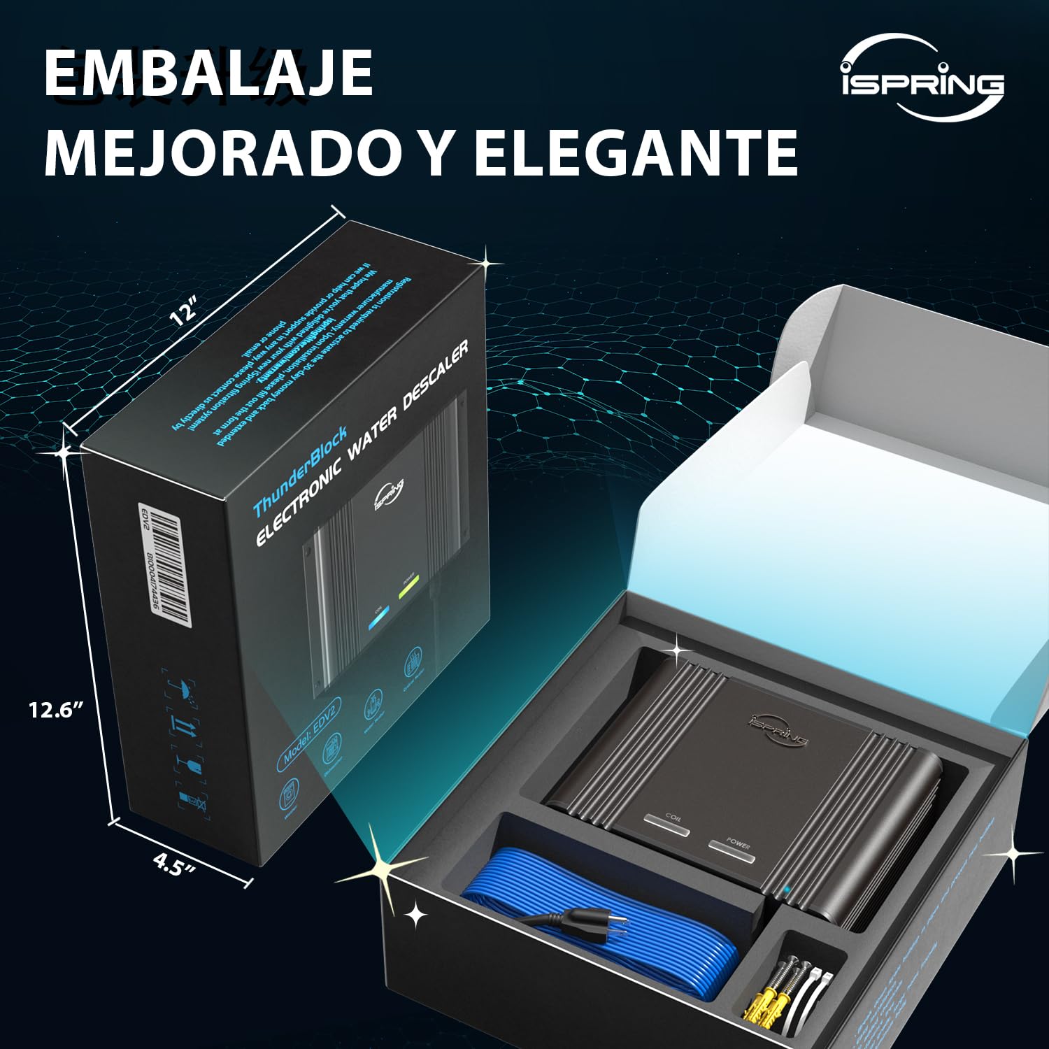 iSpring EDV2 Descalcificador de Agua para Toda la Casa, Alternativa Electrónica Sin Sal 10 Veces Más Potente, Construcción de Aleación, Reduce la Cal y Previene la Acumulación de Depósitos