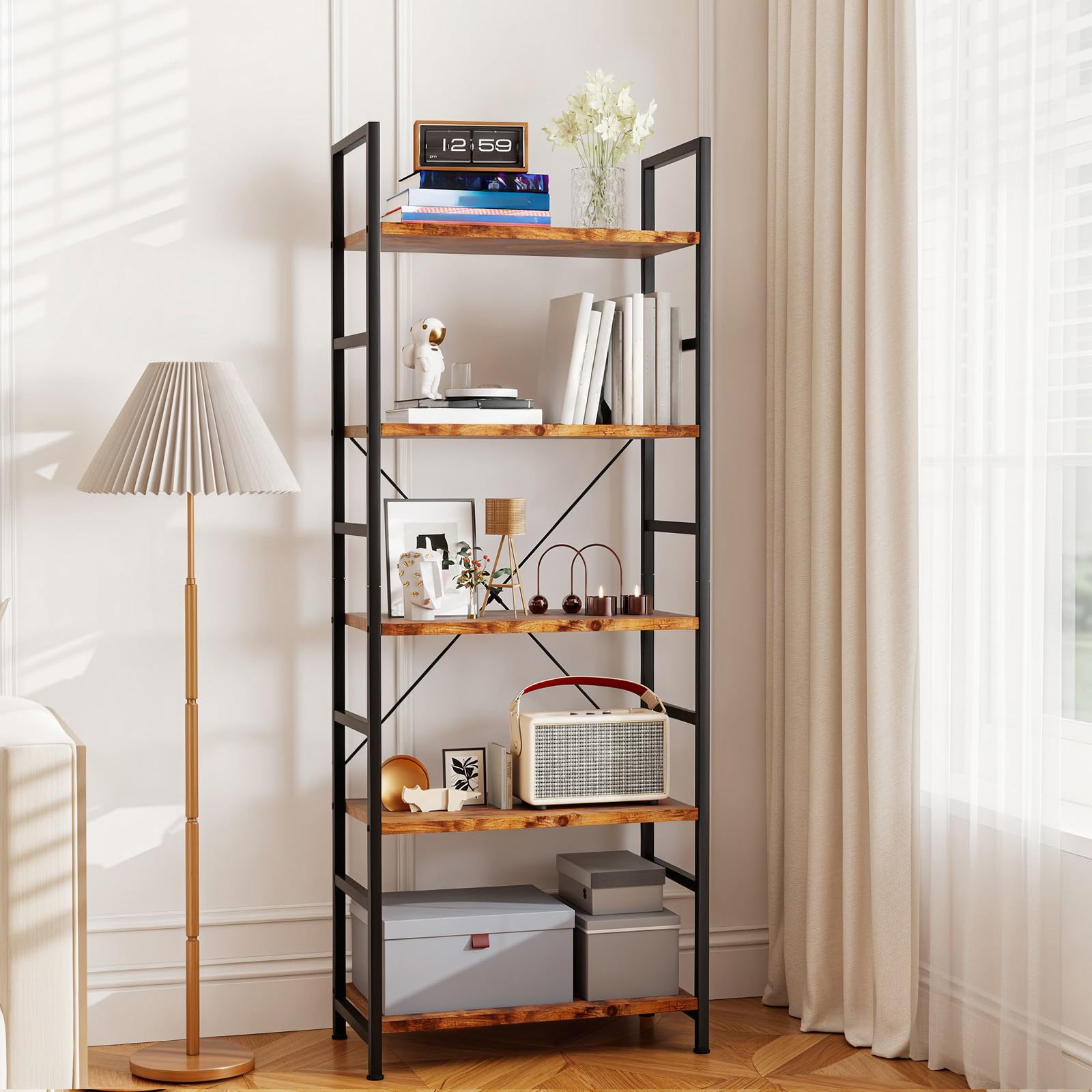 Levede 5-Tier Bookcase, 158cm Tall Bookshelf, Shelving Unit, Rustic Brown Wood and Metal Frame, Open Storage Bookcase for Living Room, Bedroom and Office — image 1
