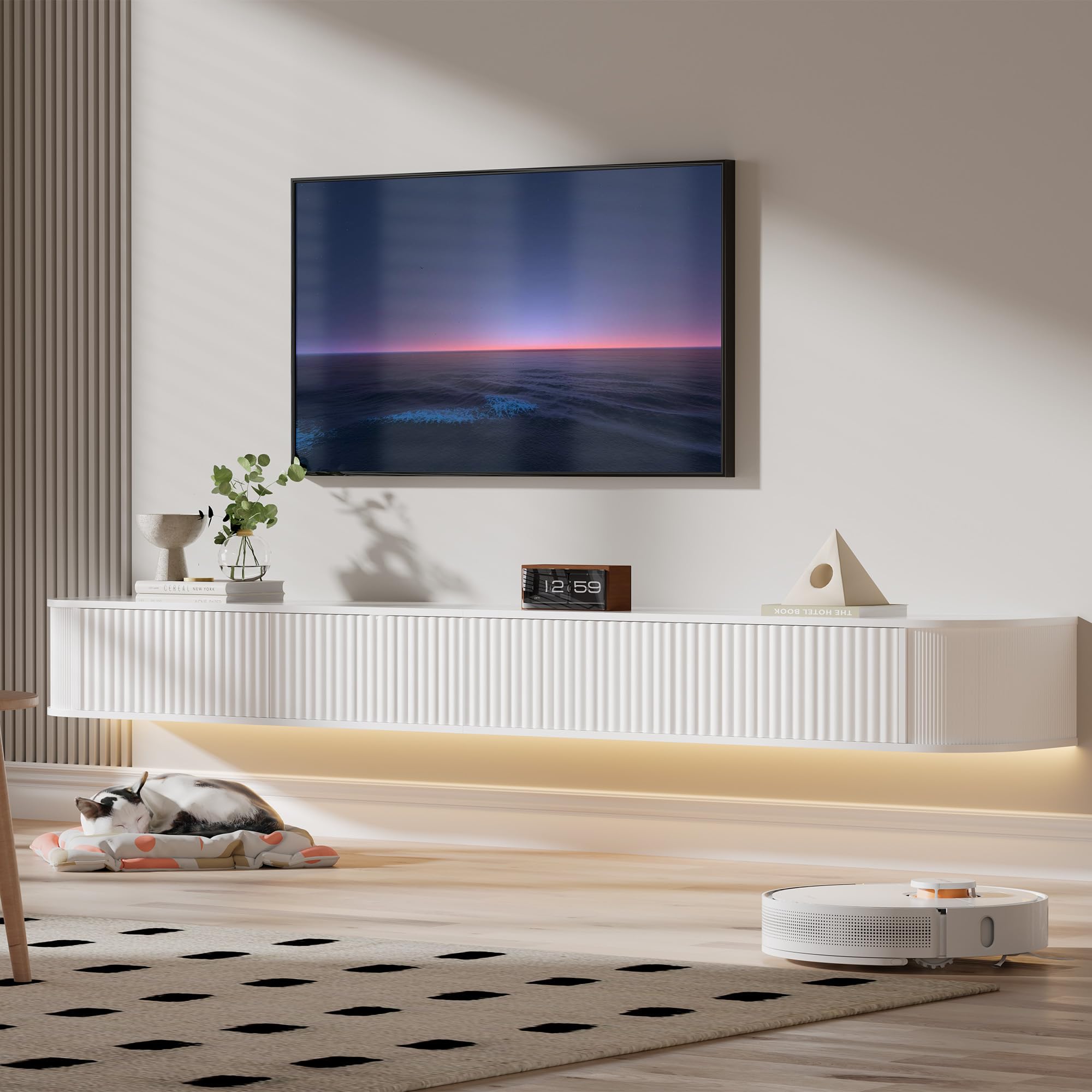 Meuble TV Suspendu Flottant avec Lumières LED RGB – Meuble TV Mural Moderne Blanc 220 cm Longueur, Profondeur 31 cm pour Rangement Amélioré, pour Téléviseurs 85 à 95 Pouces