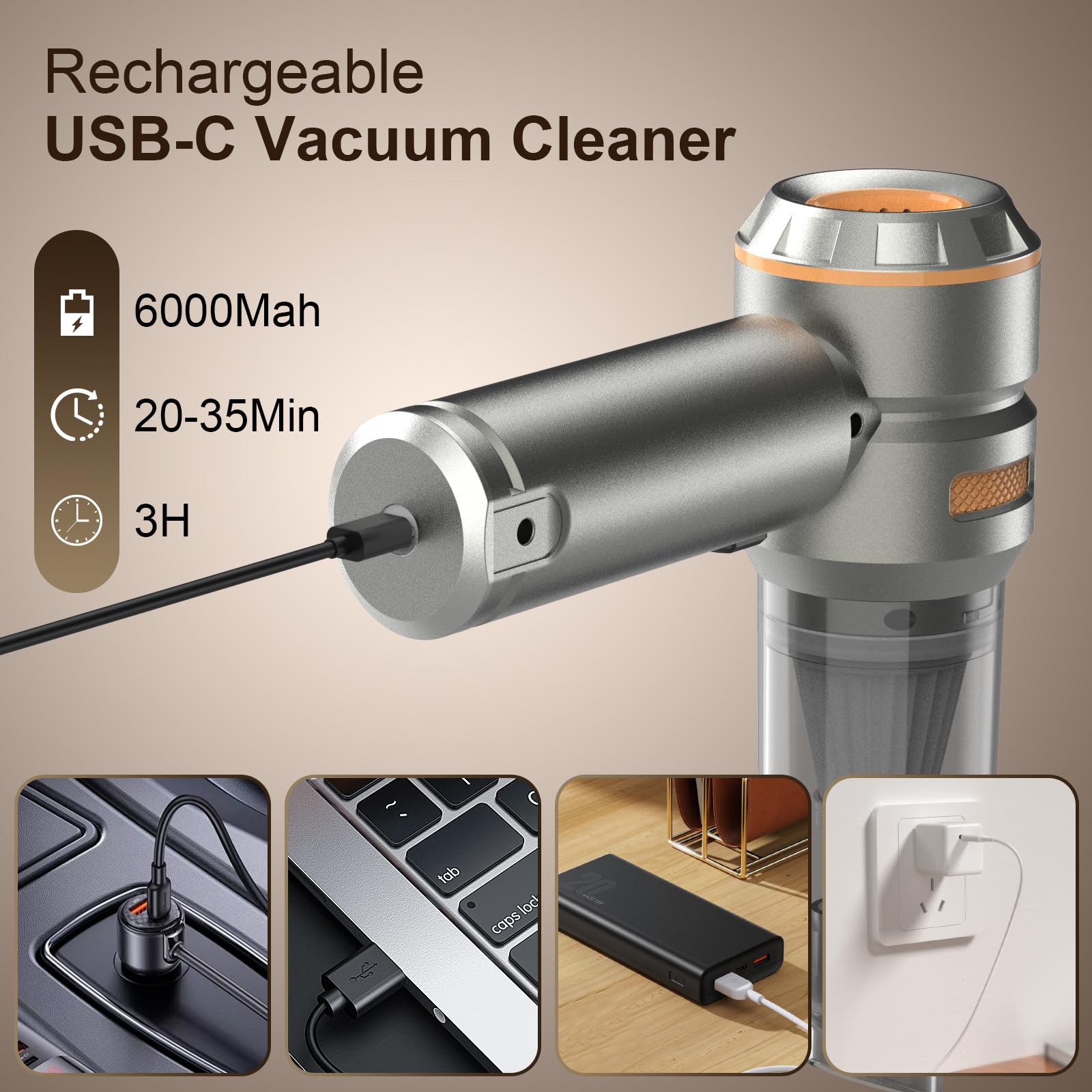 Aspirabriciole Senza Fili, 20000Pa 4 in 1 Aspirapolvere Auto Portatile,Aspiratore e Soffiatore con Motore Brushless,USB C Mini Aspirapolvere Potente per Auto Casa Ufficio Peli di Domestici (B)