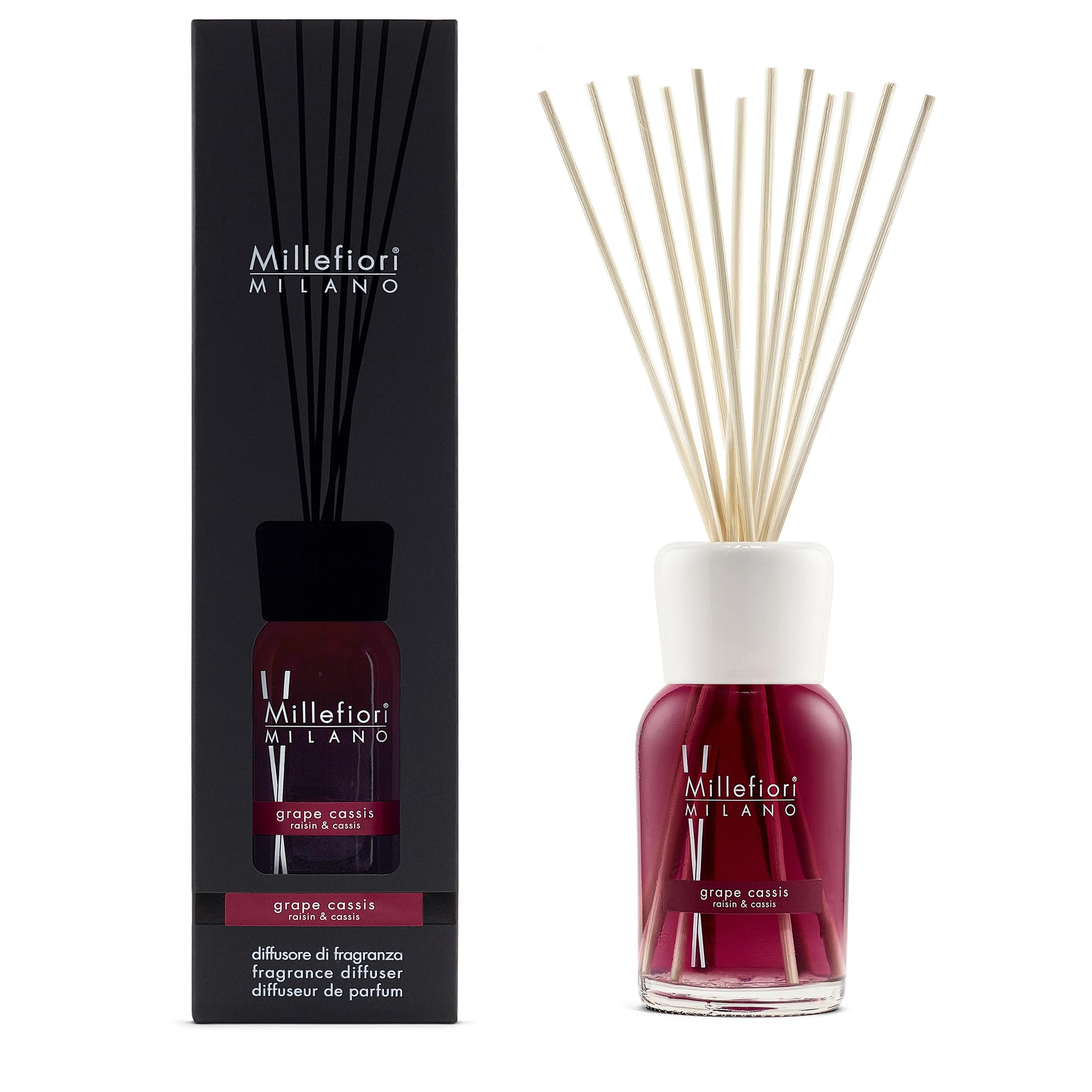 Millefiori Grape Cassis Raumduft Diffuser 500 ml Natural inklusive Stäbchen, Glas, Violett, 9.8 x 36 x 9.3 cm, 1 Einheiten