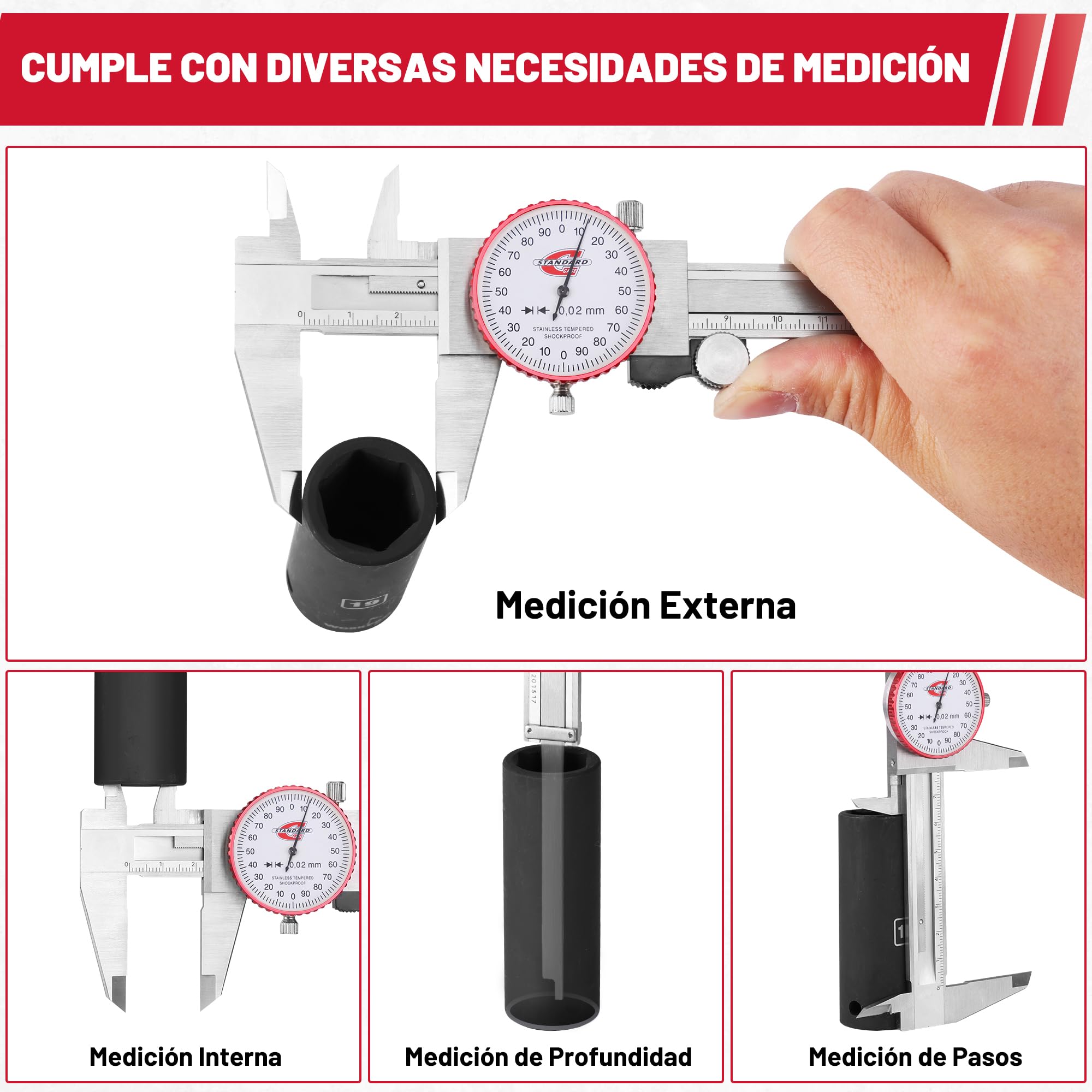 Calibres con Dial, Calibrador con Reloj 150mm, Calibrador Métrico con Reloj, Lectura 0,02 mm, Medidor de Precisión de 4 Formas de Medición, Herramienta de Medición, DIY