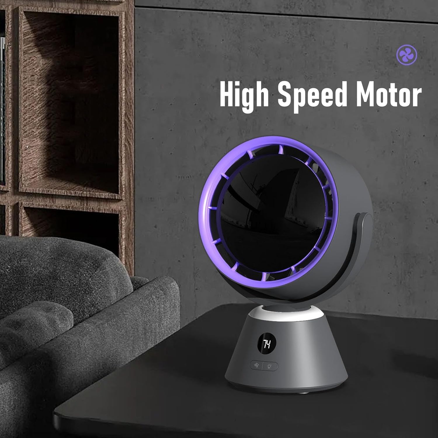 Yctze Table Fan, USB Charging Digital Display 3 Speed Adjustable High Speed Turbine Air Circulator with Ambient Night Light, for Home Office Desk Wall Mount