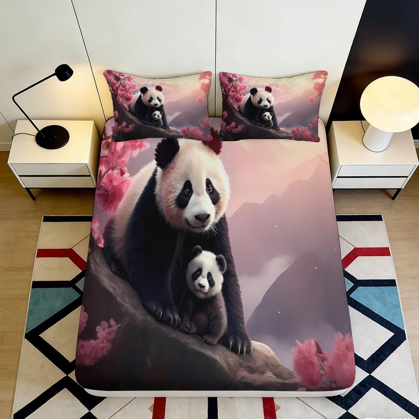 3D Printed Panda Sakura Fitted Sheet Microfiber Breathable Panda Family Mattress Cover for Bedroom Guest Room Decor 140x200x25cm