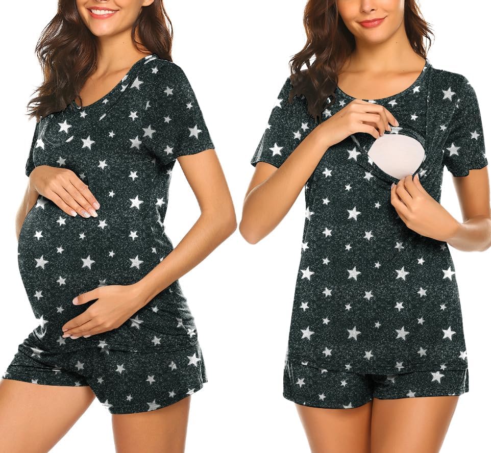 Ekouaer Maternity Pajamas Nursing Pjs for Breastfeeding Shirt and Adjustable Maternity Short Postpartum Sleepwear