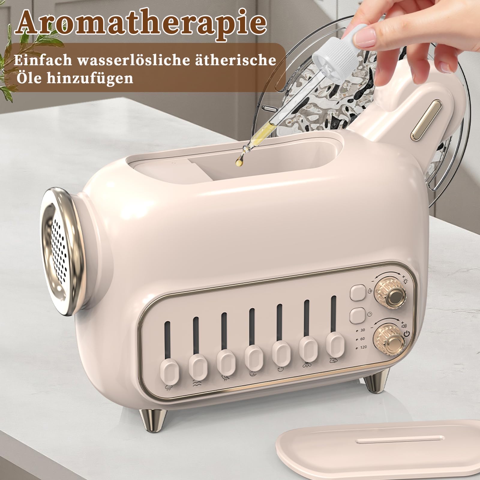 Humidificador 6 en 1 con difusor de aroma, altavoz Bluetooth, luz nocturna, ruido blanco y temporizador, humidificador ultrasónico de niebla fría de 120 ml para dormitorio, habitación infantil