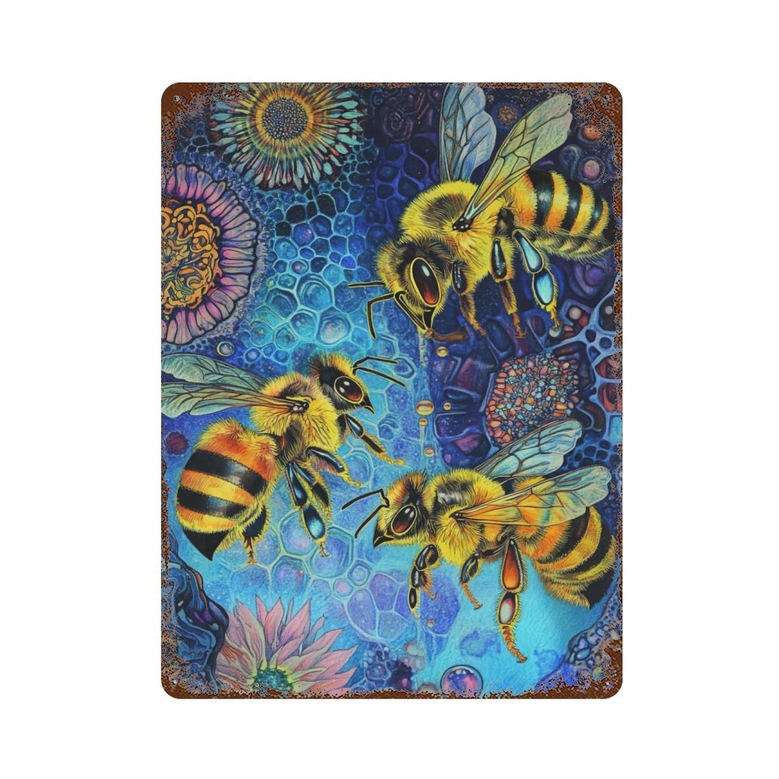 Bees in A Cosmic Garden Retro Metal Sign 15.7"x11.8", Classic Wall Plaque for Garage, Pub Or Kitchen