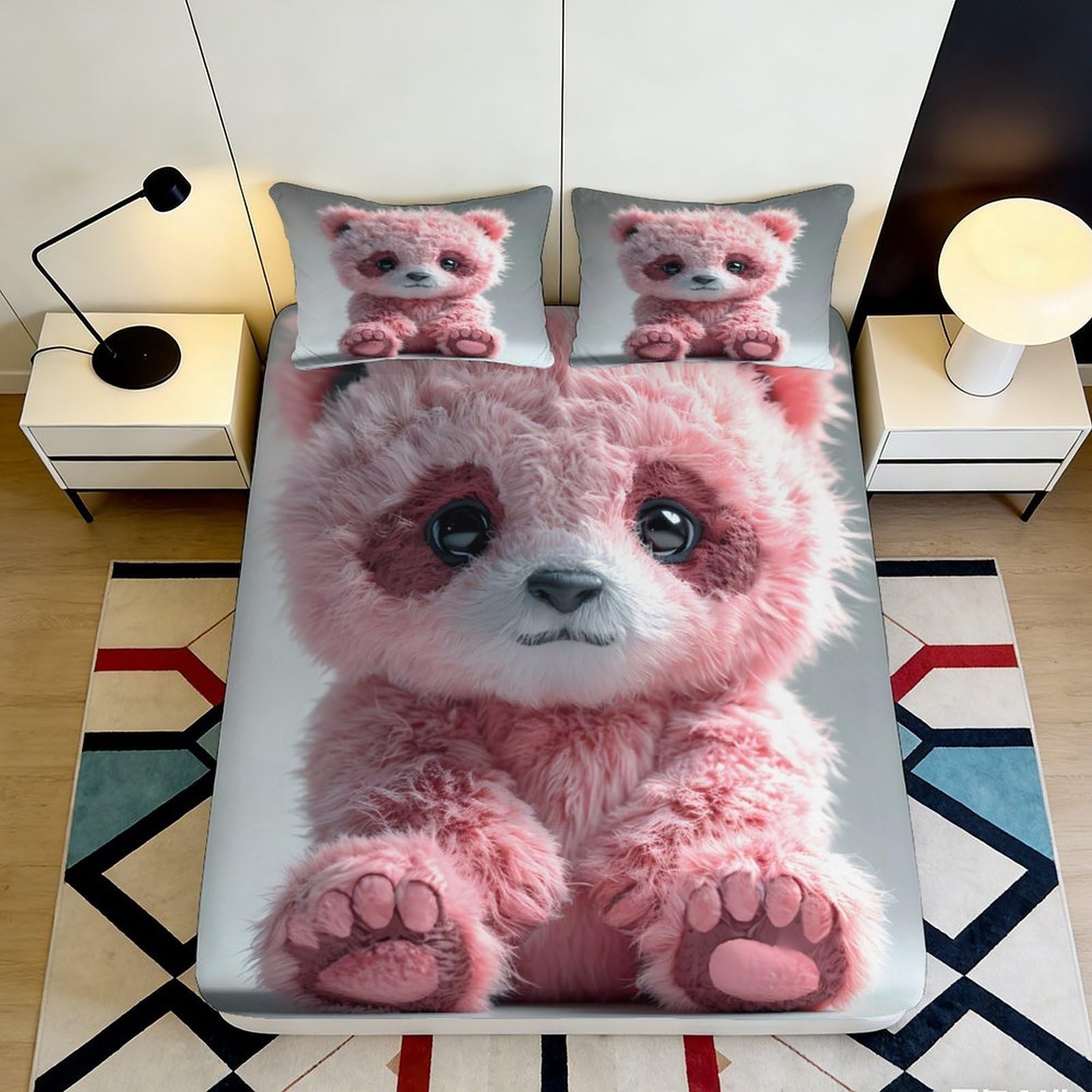 3D Printed pink panda Fitted Sheet, soft touch Microfiber, wrinkle resistant, home decor, Bed Sheet for bedroom, apartment bedding, easy care, anti-slip, dustproof, chars 180x200x25cm