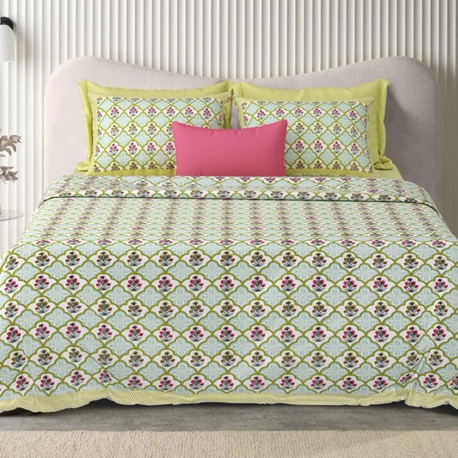 Image of Urban Jaipur 100% Cotton Bedsheet for Double Bed (90 x 108 Inches) | 210 TC King Size Bed Sheet for Double Bed with 2 Pillow Covers | Pure Cotton Jaipuri Bedsheet (Green)
