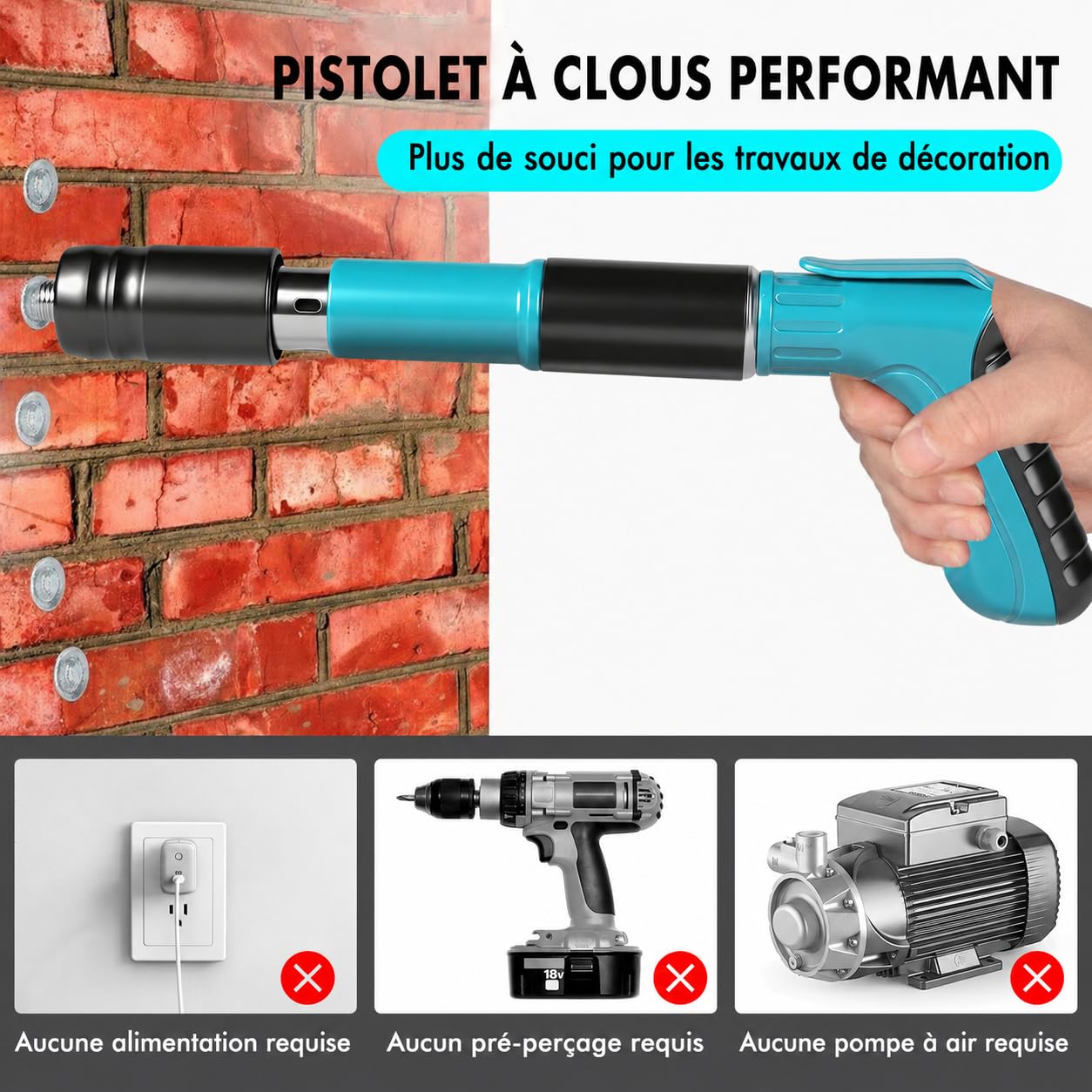 Pistolet à Clous à Béton Manuel, 5 Vitesses Pistolet Pneumatique pour Acier et Béton, Pistolets à Ongles Portable avec Gants à Lunettes (Ongles Non Inclus)