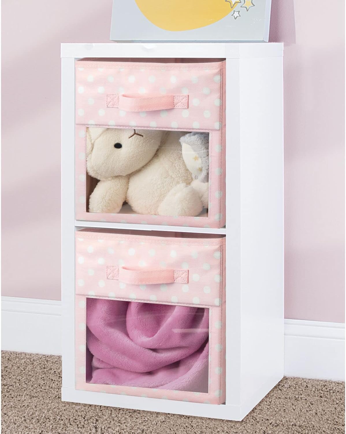 mDesign Fabric Nursery/Playroom Closet Storage Organizer Bin Box, Front Handle/Window for Cube Furniture Shelving Unit, Hold Toys, Clothes, Diapers, Bibs, 6 Pack, Pink/White Polka Dot