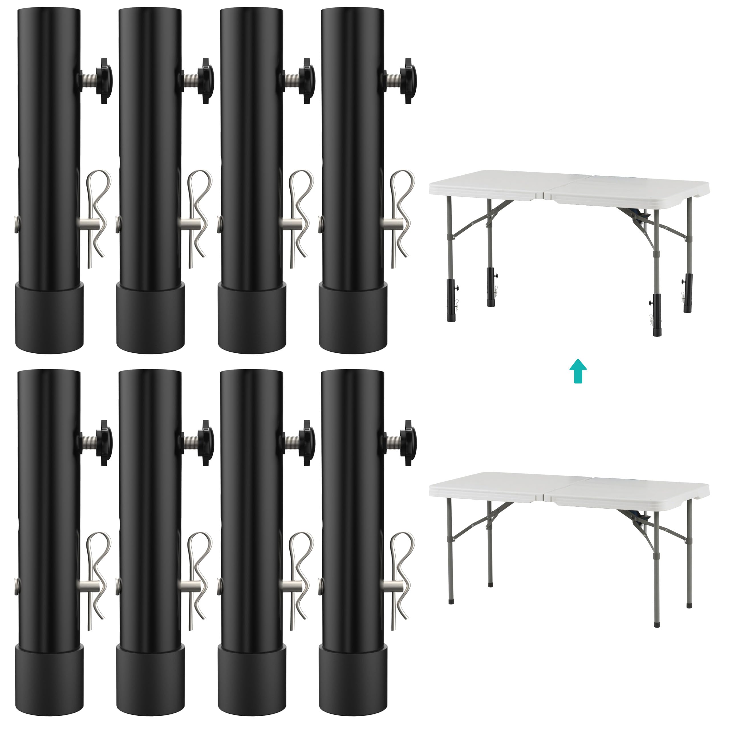 8-Pack Table Leg Extensions for Straight/Bent Leg, Metal Folding Table Leg Extenders,2 Levels/Heights Adjustable table risers 3.6"/5.23",Adjustable Table Height Extenders for Rise 3.6in/5.2in