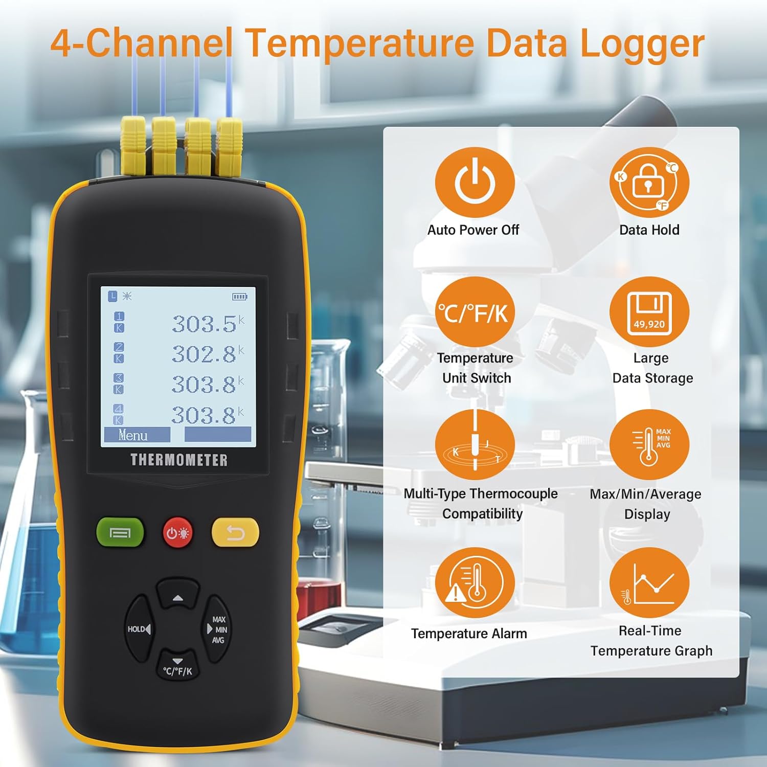Industrial 4-Channel Temperature Logger, High-Precision Refrigerator Thermometer Digital Data Logger with USB Port, Sound Alarm, for HVAC, Labs, Outdoor