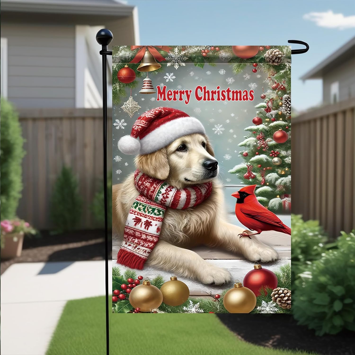 Golden Retriever Christmas Garden Flag 12x18 Inch Double Sided Outdoor Yard Decoration Winter Dog Santa Hat Red Cardinal Festive Holiday Decor image 3