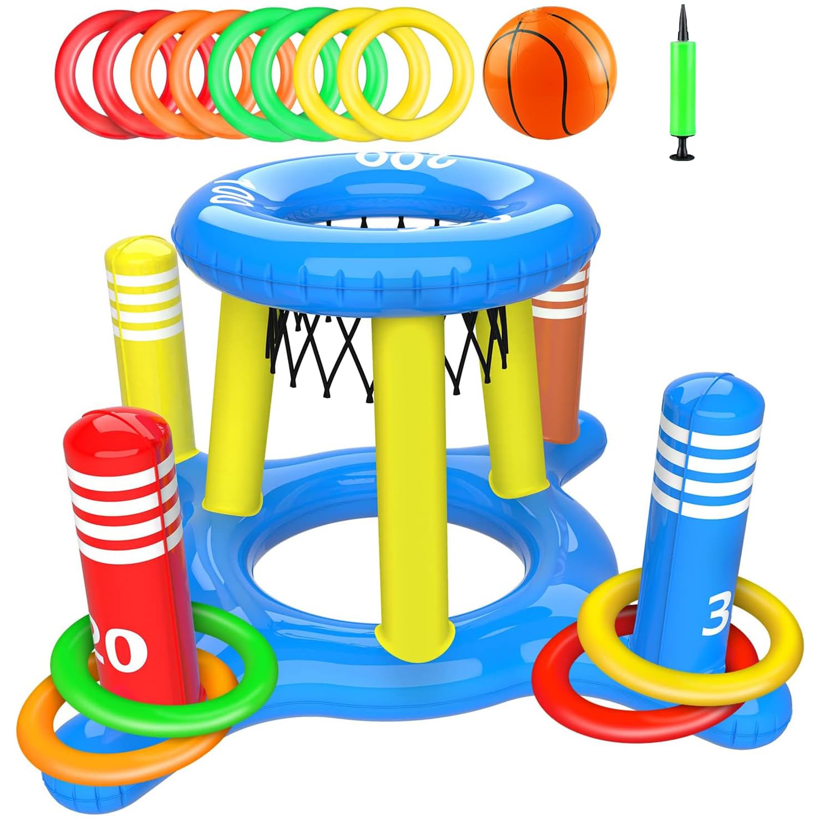 ONRAGT Juegos Piscina, 2 en 1 Juguetes Piscina Inflable Set, Aro de Baloncesto Flotante y Juguete para Lanzar, Día de Verano Juegos de Agua Piscina al Aire Libre para Niños, Adultos, Familias