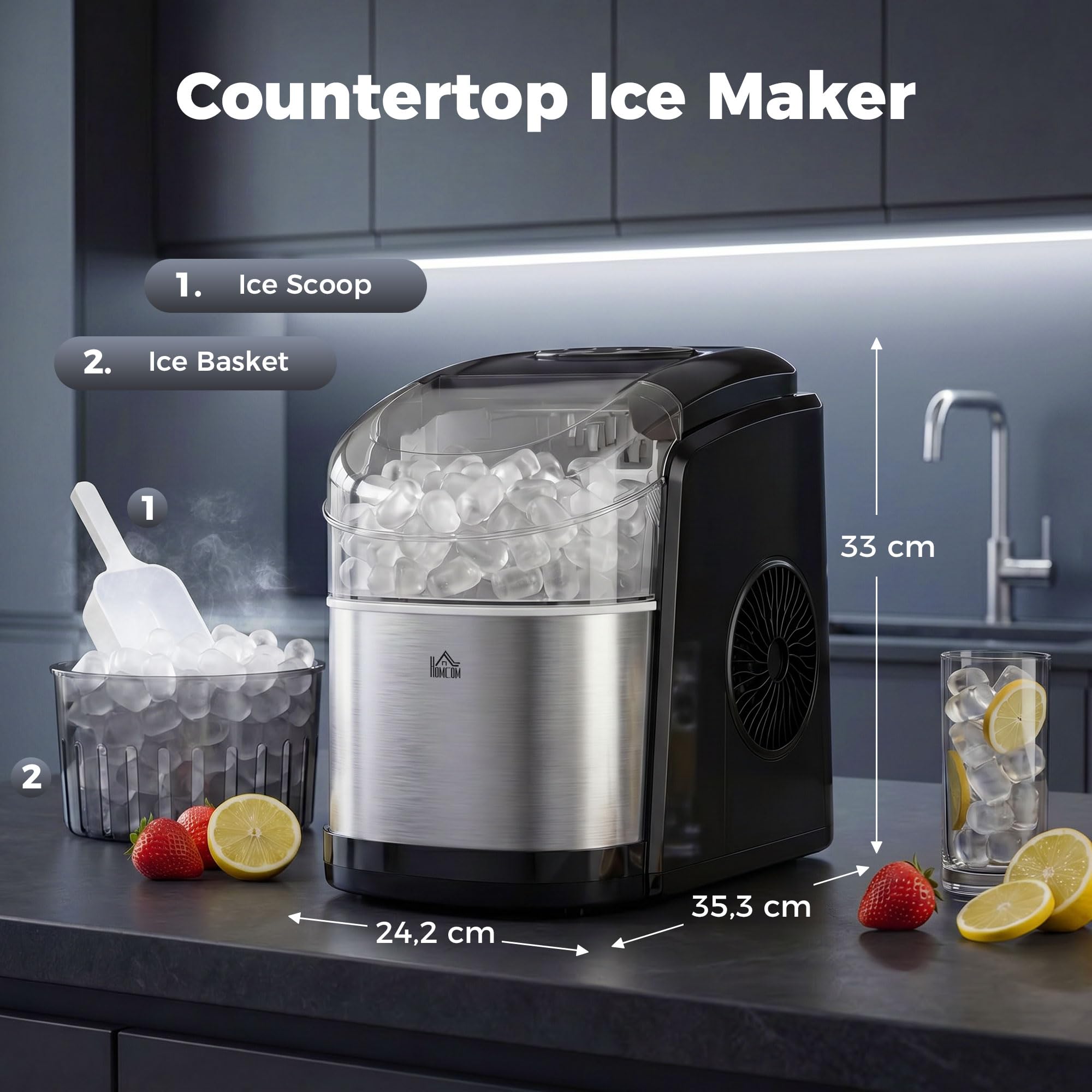 HOMCOM Machine à glaçons 12kg en 24h, Machine Glacon autonettoyant, capacité réservoir 1,8 L, Affichage LED, pelle et panier inclus, en acier Inox pour Maison, Cuisine, Bar