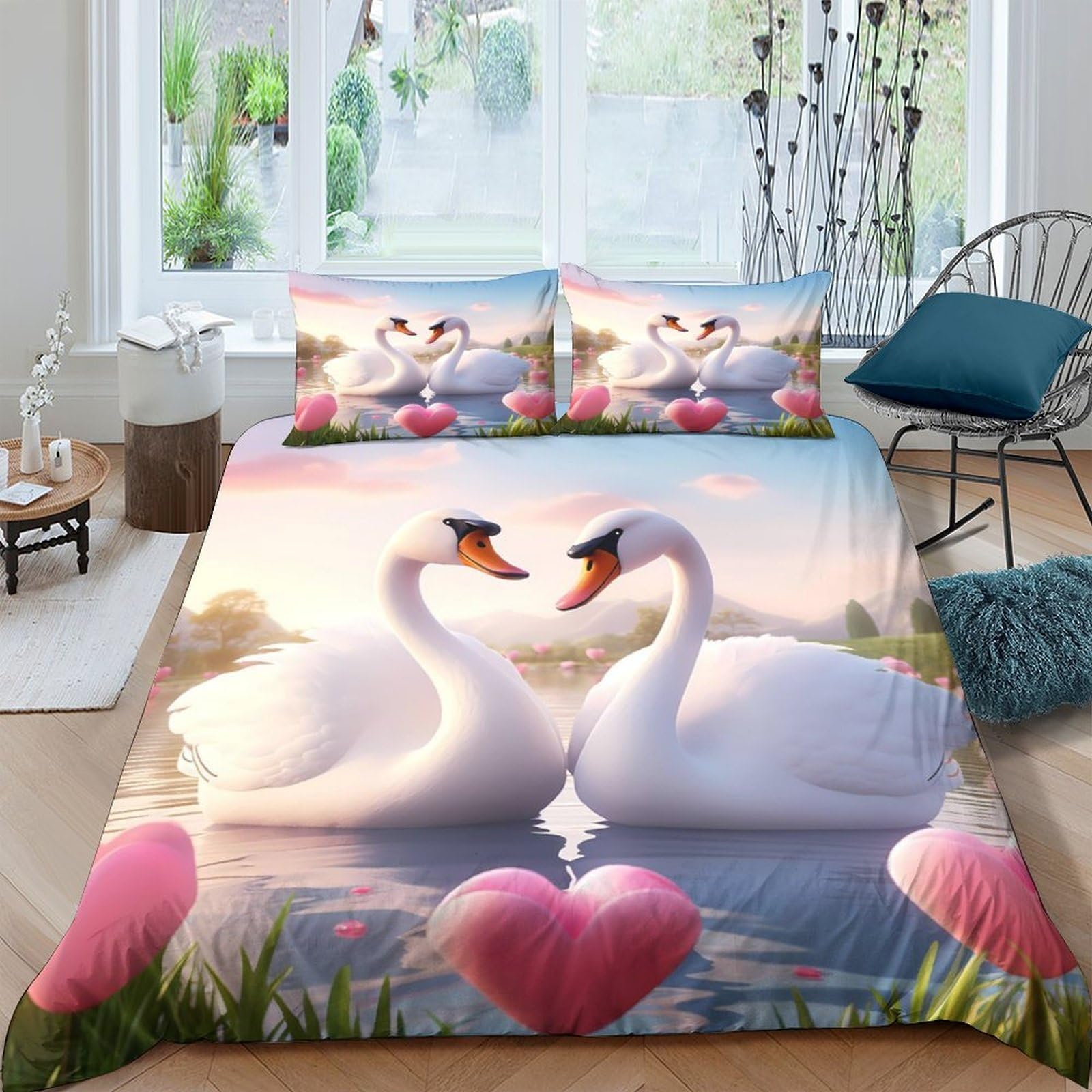 Ctjqhvkz Style-2 3D Printed Swan Lake Fitted Sheet Microfiber Soft Pink Heart Water Reflection Mattress Cover For Bedroom Dorm Decor Single（135X200cm）