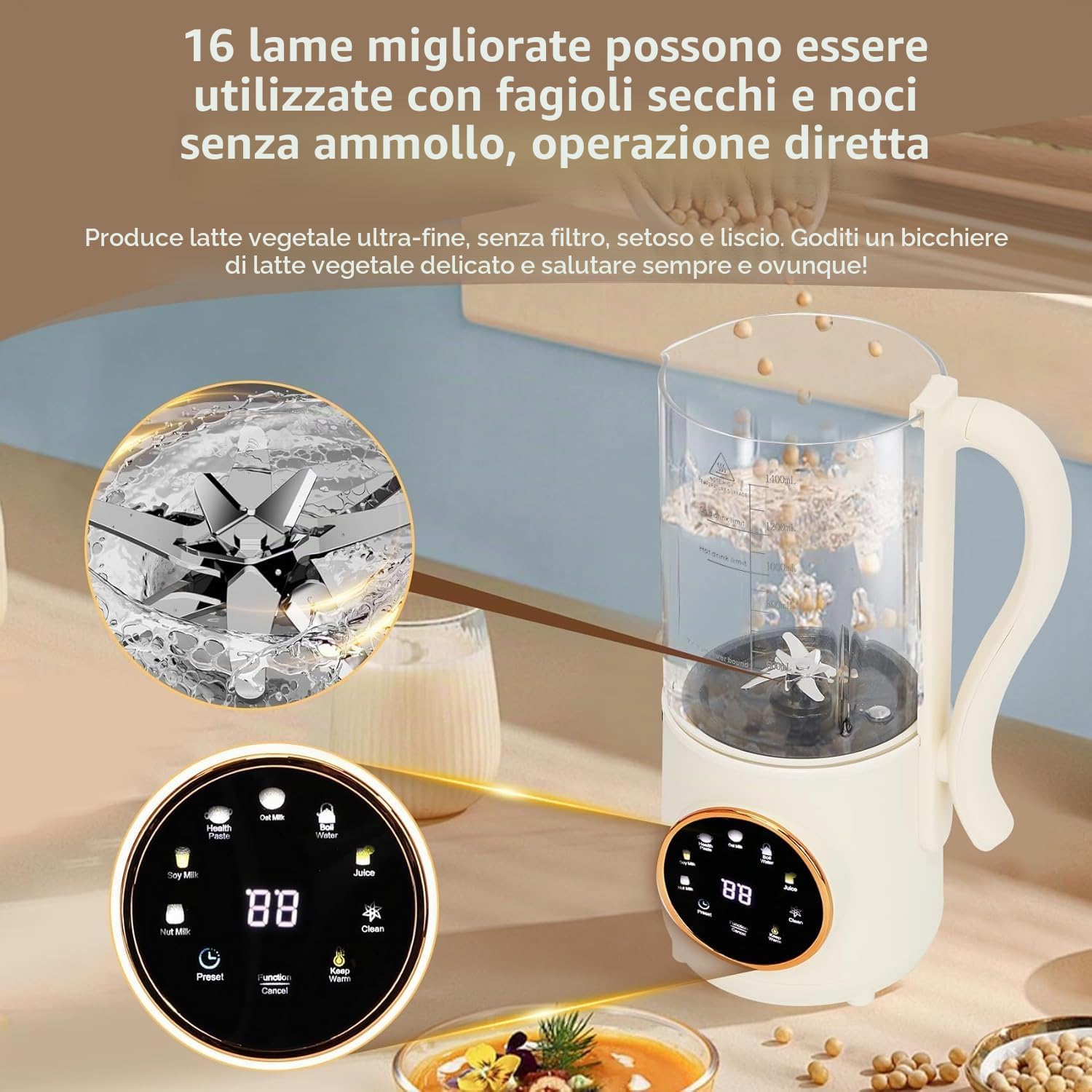 Macchina per latte di soia automatica 9 in 1, 1400 ml, con autopulente, 16 lame per latte di mandorle, latte d'avena, latte vegetale, succo con timer di ritardo 24 ore, acqua bollente e mantenimento