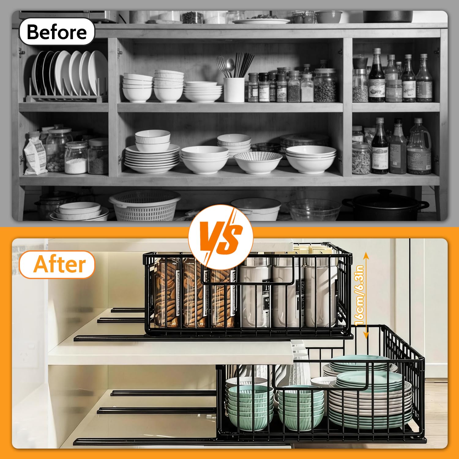 Teleskopschublade, Ausziehbare Schublade Küche, Ausziehbarer Schrank Organizer, Ohne Bohren, Einstellbare Breite 32-50cm, Küchenschrank Organizer Ausziehbar, Auszug Küchenschrank (2)