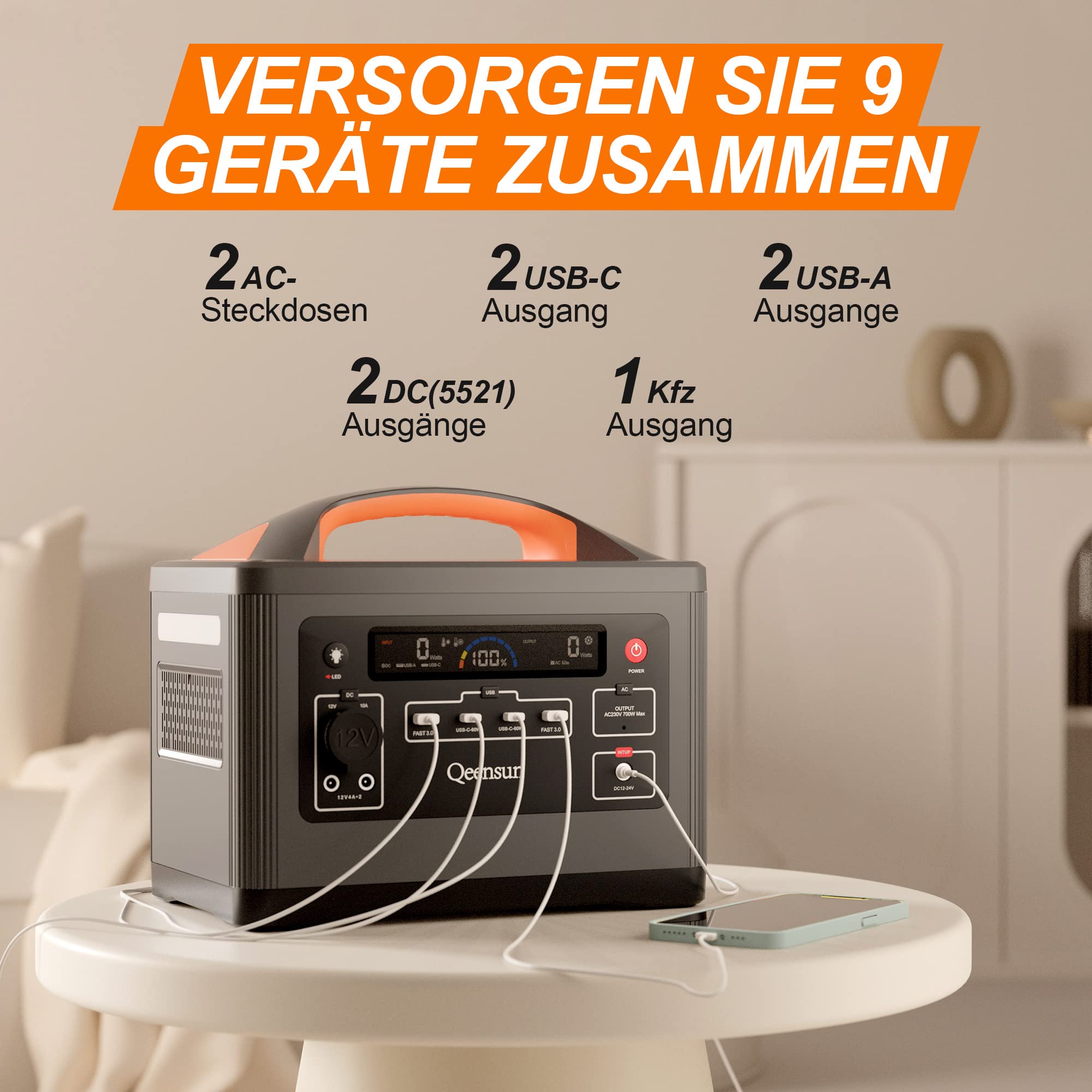 Przenośna stacja zasilająca, generator solarny 537,6 Wh z czystą falą sinusoidalną, mobilne zasilanie z LiFePO4, 700 W AC do zasilania awaryjnego, samochodu, na kemping, do domu (panel słoneczny)