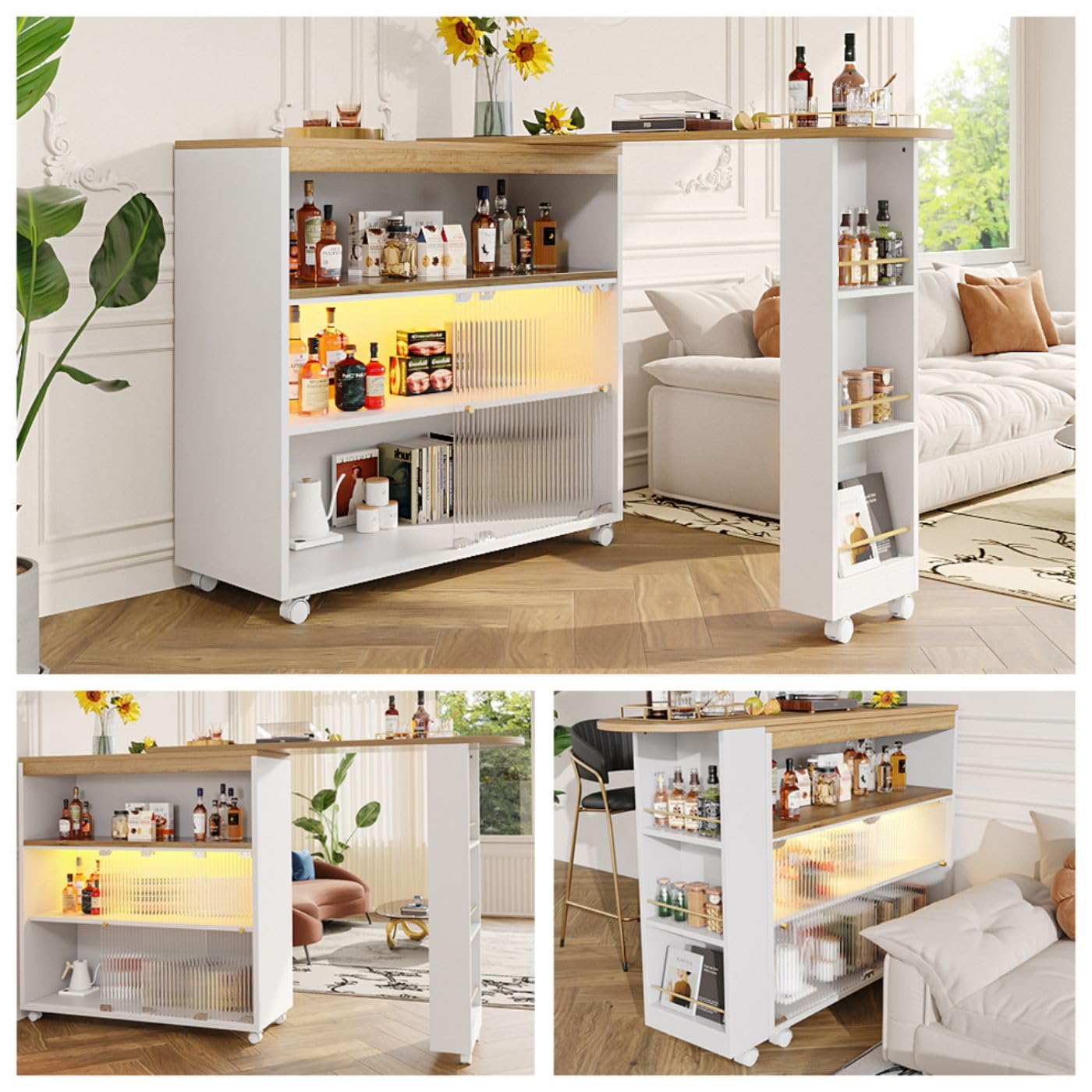 Tavolo Da Bar Allungabile Con Scaffale Per Snack – Estensibile Da 138 A 204 Cm, Con Piattaforma Girevole 360° – Per Cucina, Soggiorno, Ristorante