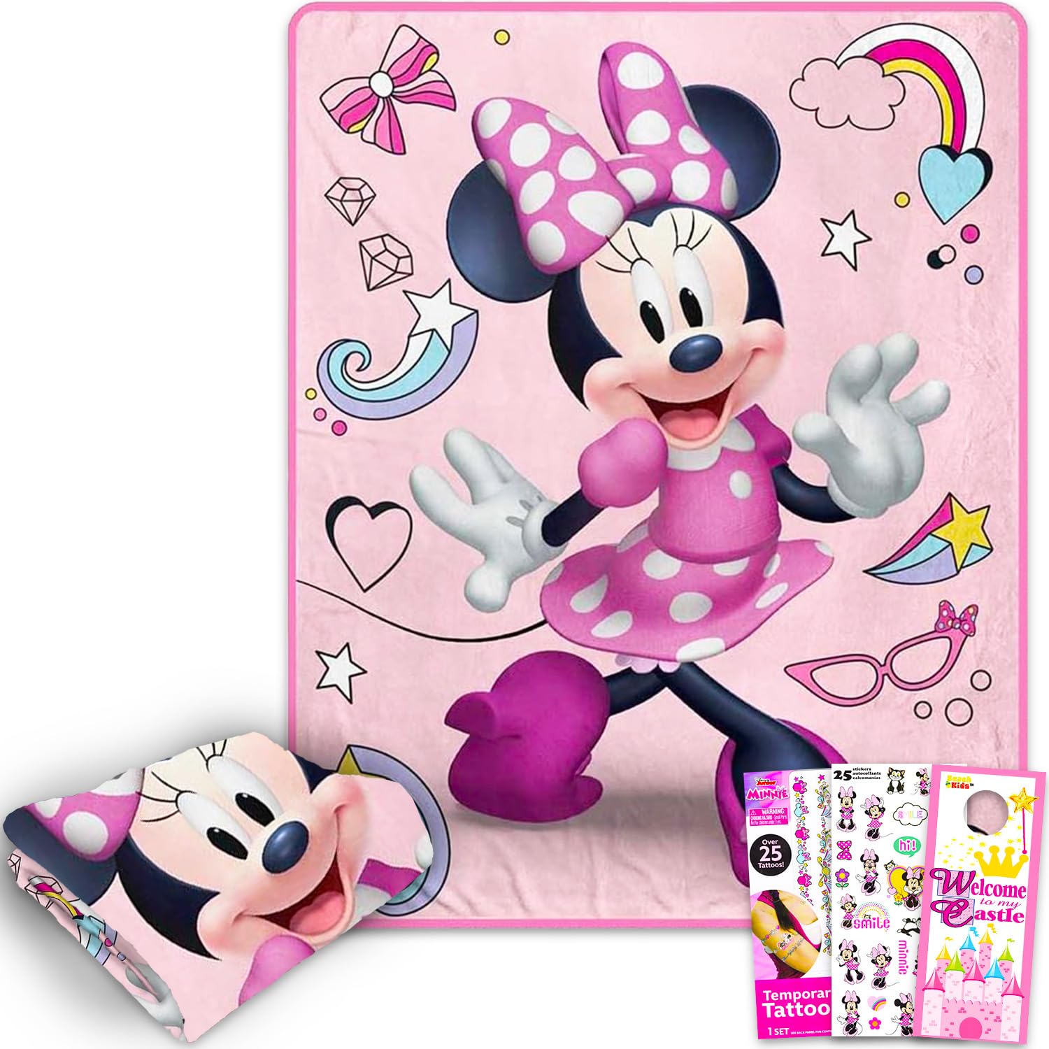 Disney Minnie Mouse Fleece Throw Blanket Set - Bundle with Soft Throw, Stickers, Tattoos, and More | Minnie Mouse 40x50 Woven Blanket for Kids