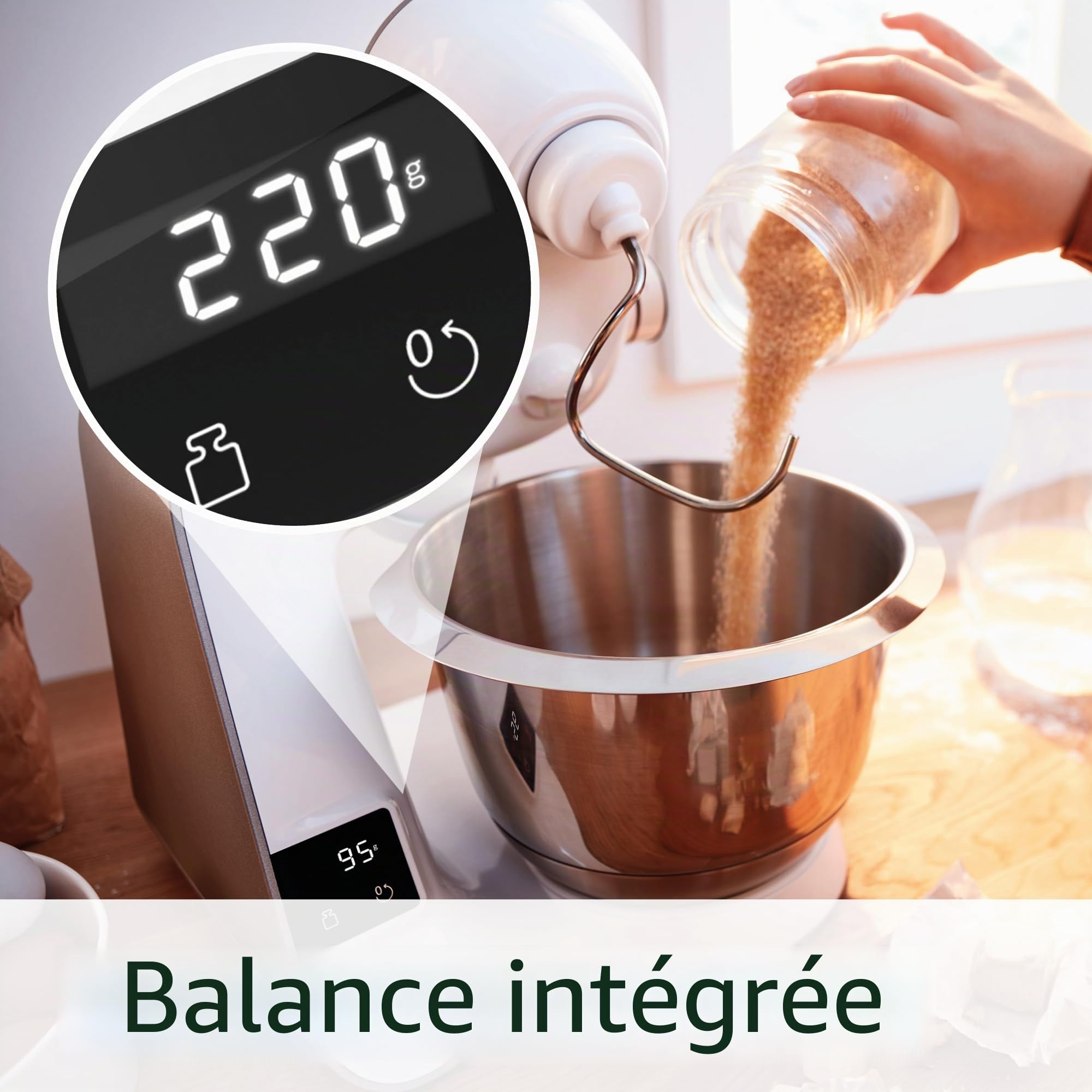 Robot pâtissier Bosch MUM5XW20 – Machine puissante 1000 W pour mélanger, pétrir & couper – 7 vitesses + turbo – Balance intégrée – 10 accessoires – Couleur : blanc/champagne