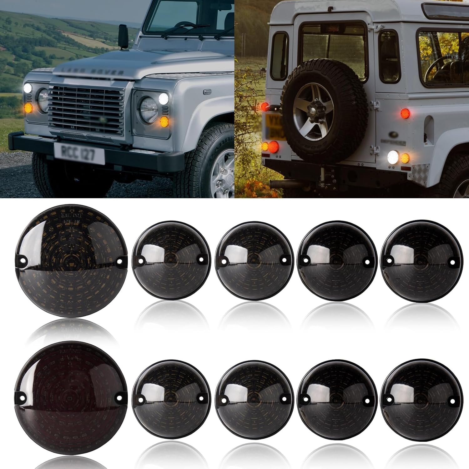 10PCS Kit di aggiornamento luci LED,Kit completo di aggiornamento lente fumé Fanale posteriore Fendinebbia Luce retromarcia Luce laterale anteriore for Land Rover Defender 90/110 1990-2016 Lenti fumé