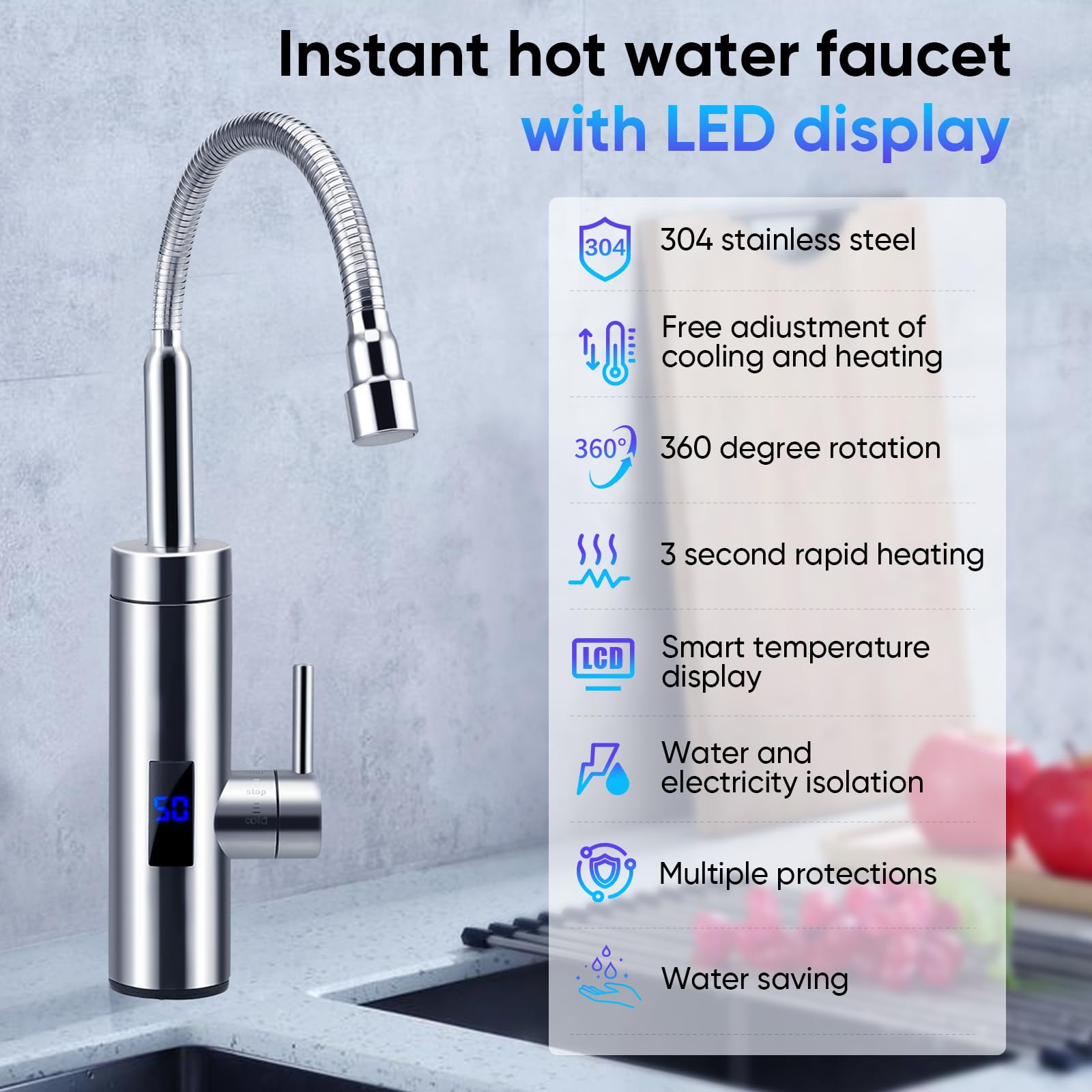 Wasserhahn mit Durchlauferhitzer, 360° Wasserhahn, 3000 W Durchlauferhitzer, Edelstahl-Wasserhahn mit LCD-Temperaturanzeige für Küche, Garten und Wohnwagen (A)