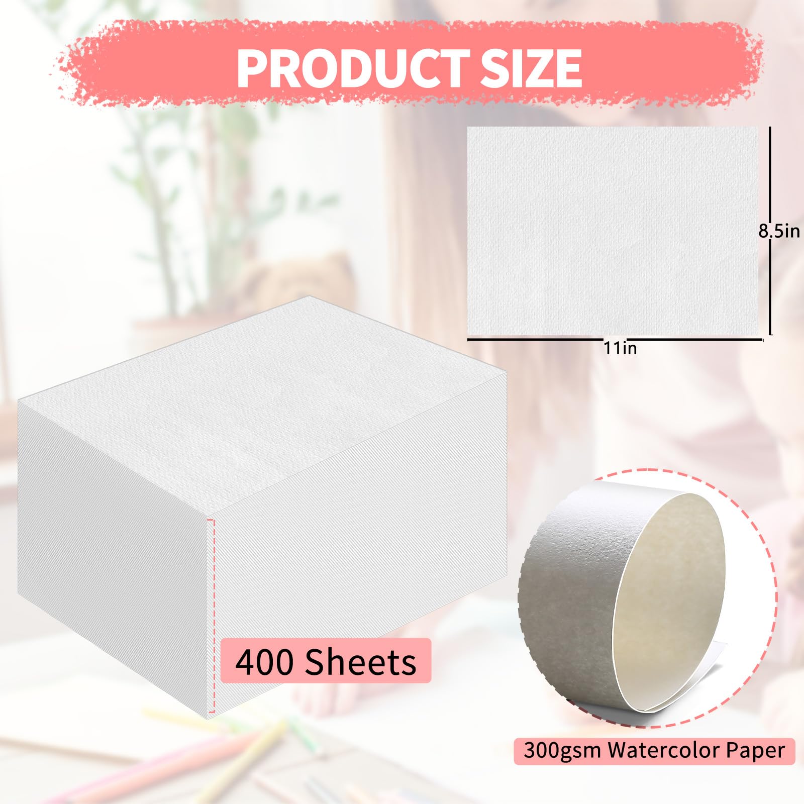 ZAYOUAU Lot de 400 feuilles de papier aquarelle en coton, 21,6 x 27,9 cm, 300 g/m², blanc pressé à froid, papier de peinture artistique pour enfants, débutants, académie, papier à dessin, aquarelle,