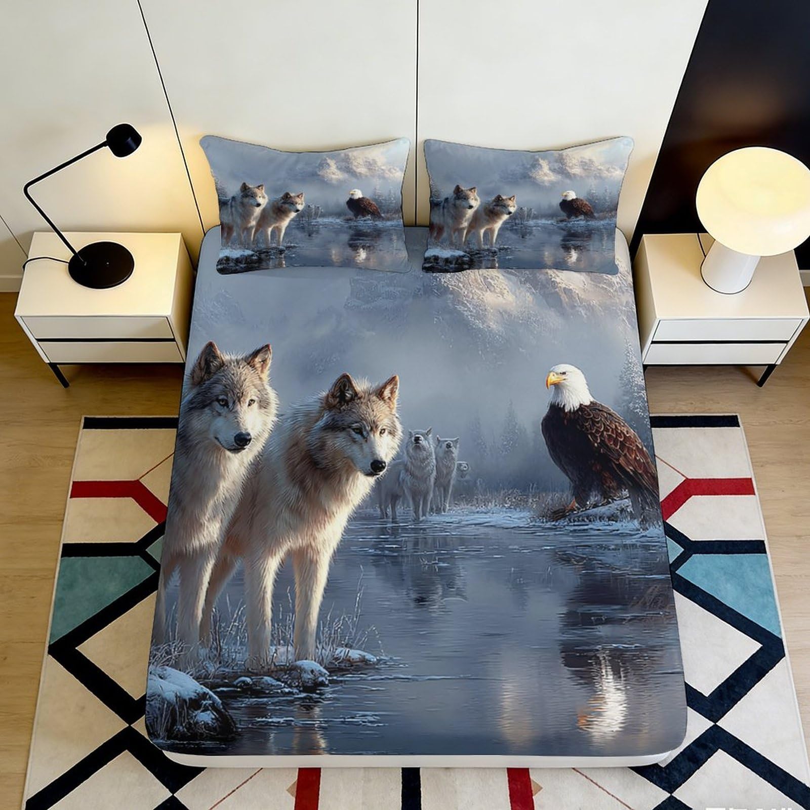 3D Printed Wolf Lake Fitted Sheet Microfiber Soft Breathable Eagle Mattress Cover for Bedroom Dorm Bed Protection Decor 90x200x25cm