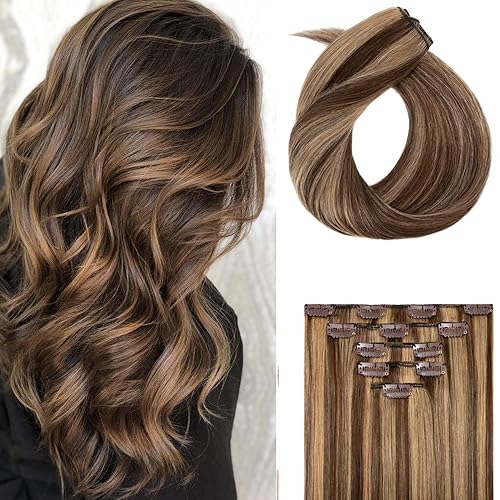 Rich Choices Extensiones de cabello humano real con pinzas, 5 unidades, 12 clips, 2.47 onzas, balayage, color marrón dorado a rubio decolorado, sin
