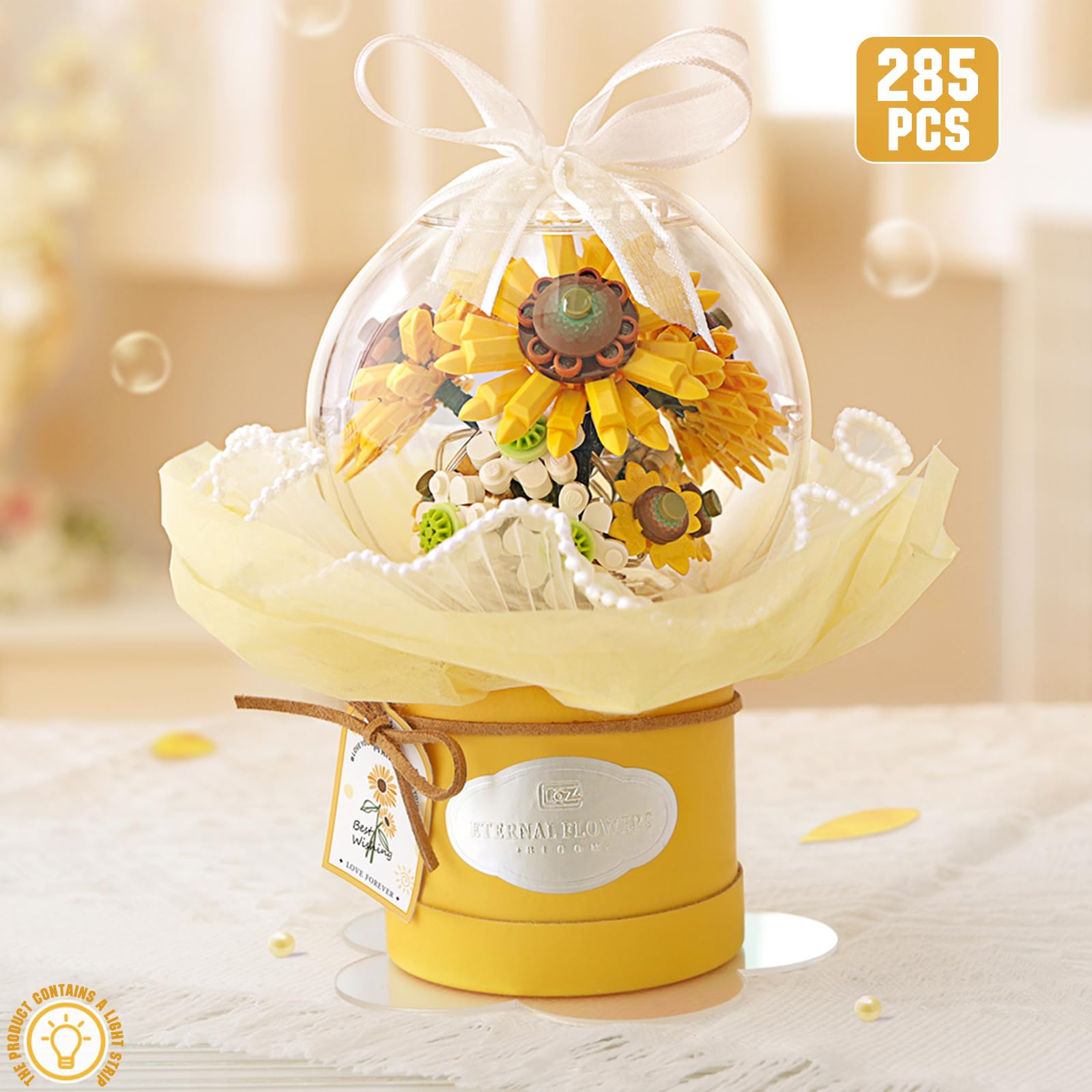 MEIEST Flower Bouquet Building Blocks Set,Simulation Artificial Flower with Dust-Proof Dome for Valentine's Day,Bonsai Plant Building Bricks Toys & Home Decor (Sunflower) - Image 2