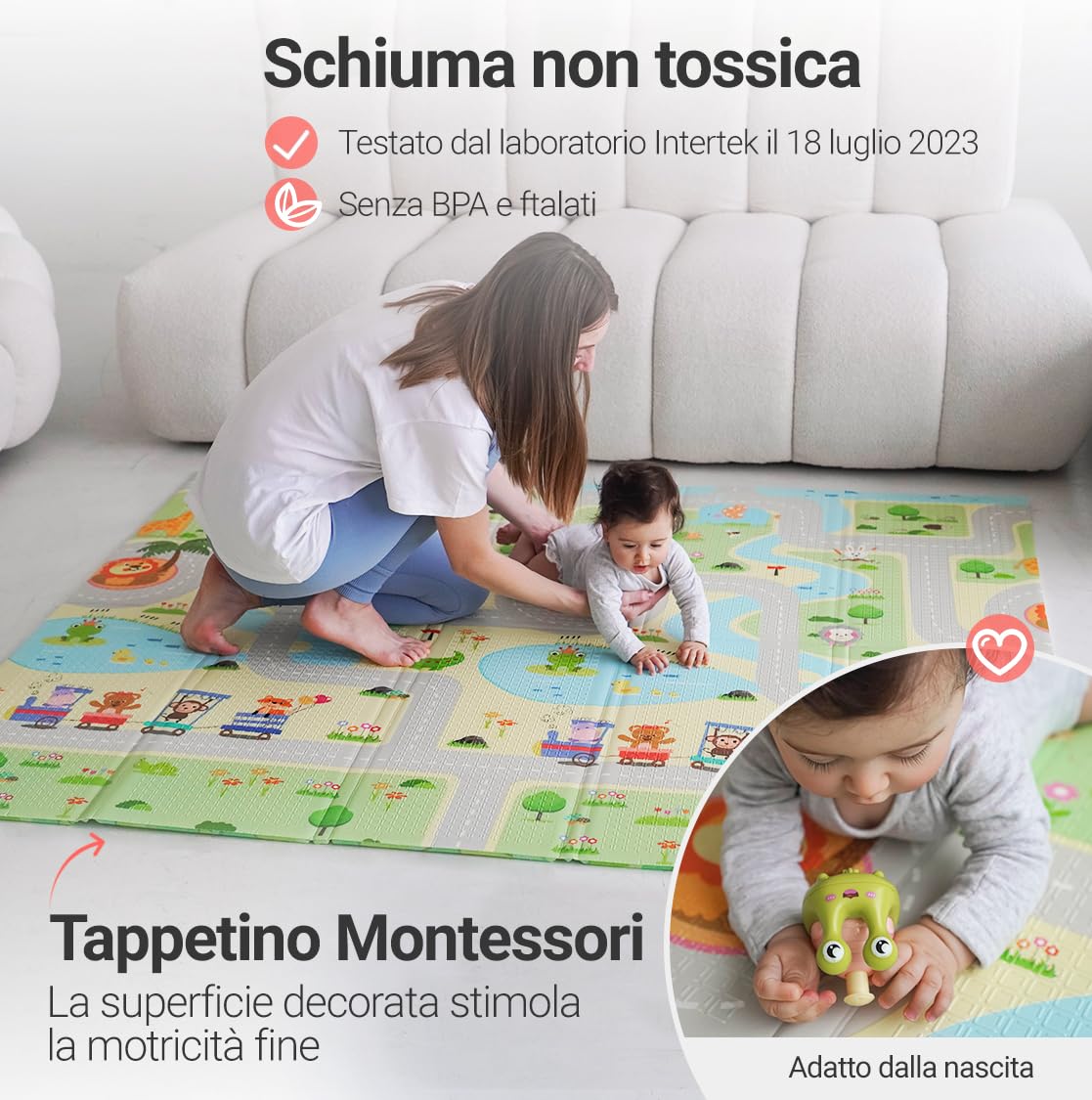 MIKMEL Tappetino da gioco per bambini (Strade/Animali, Grande)