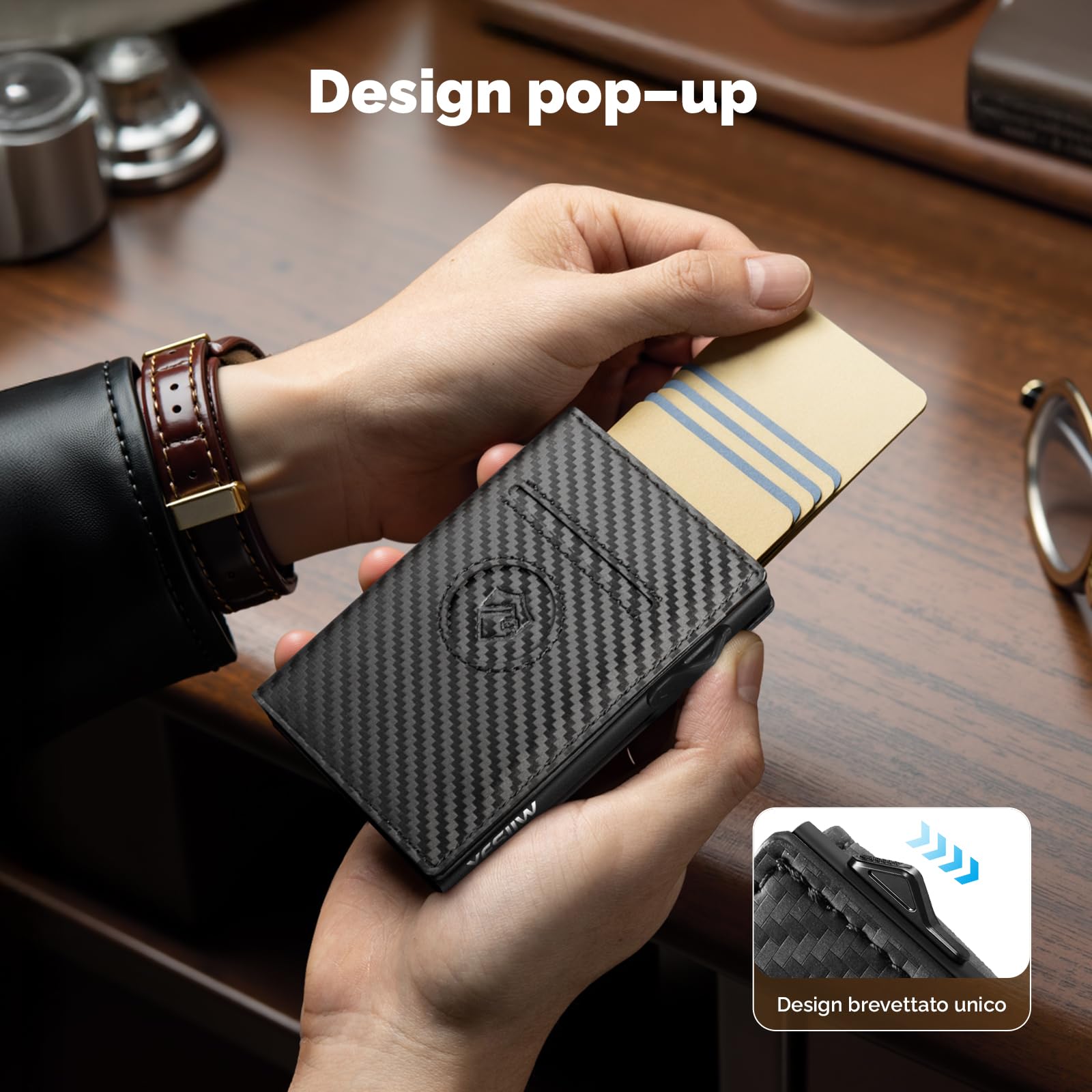 YESIIW Portacarte Airtag con Super Compatto, Pop up Airtag Wallet per 10+ Cartes, 10+ Banconote & Finestra ID, Portafoglio Uomo Airtag con RFID & Chiusura Magnetica (Carbon Nero, XL Portamonete)
