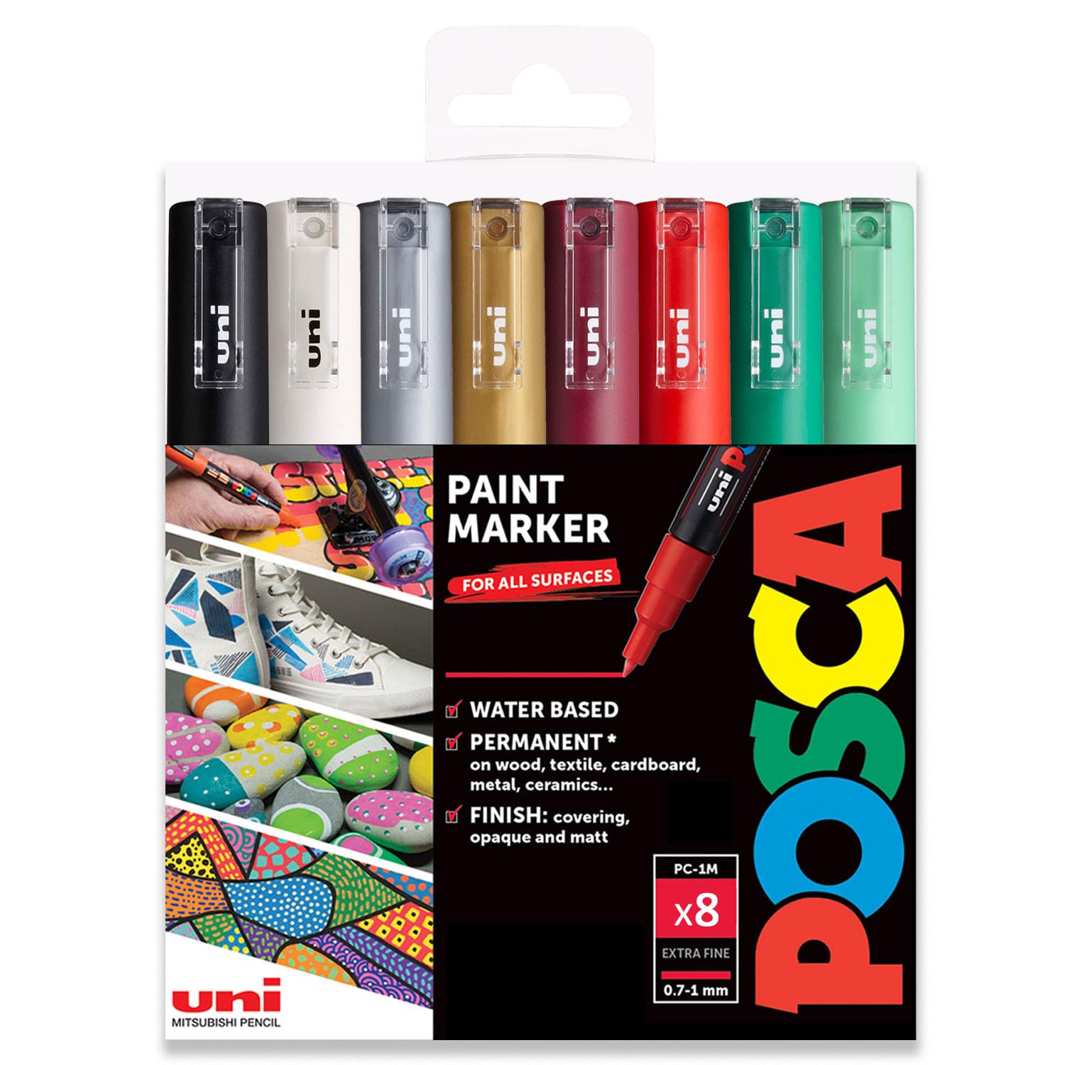 Posca - PC-1M Lot de 8 marqueurs de peinture artistique dans une pochette en plastique (tons de Noël)