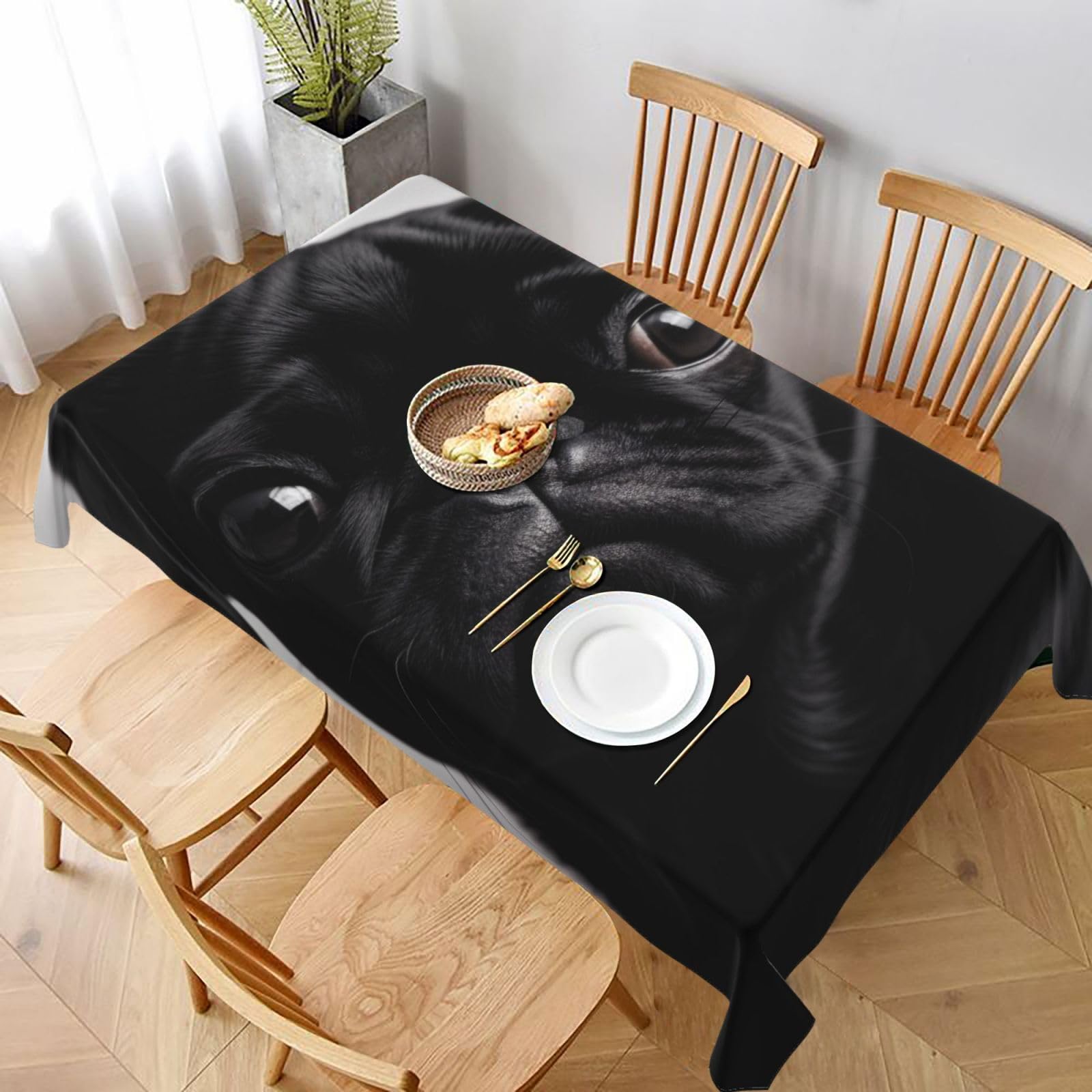 WPKJU Cute Black Pug Dog Printed Tablecloth 60x90 in Water Resistant Table Cover Washable Rectangle Table Cloth for Dining Tables